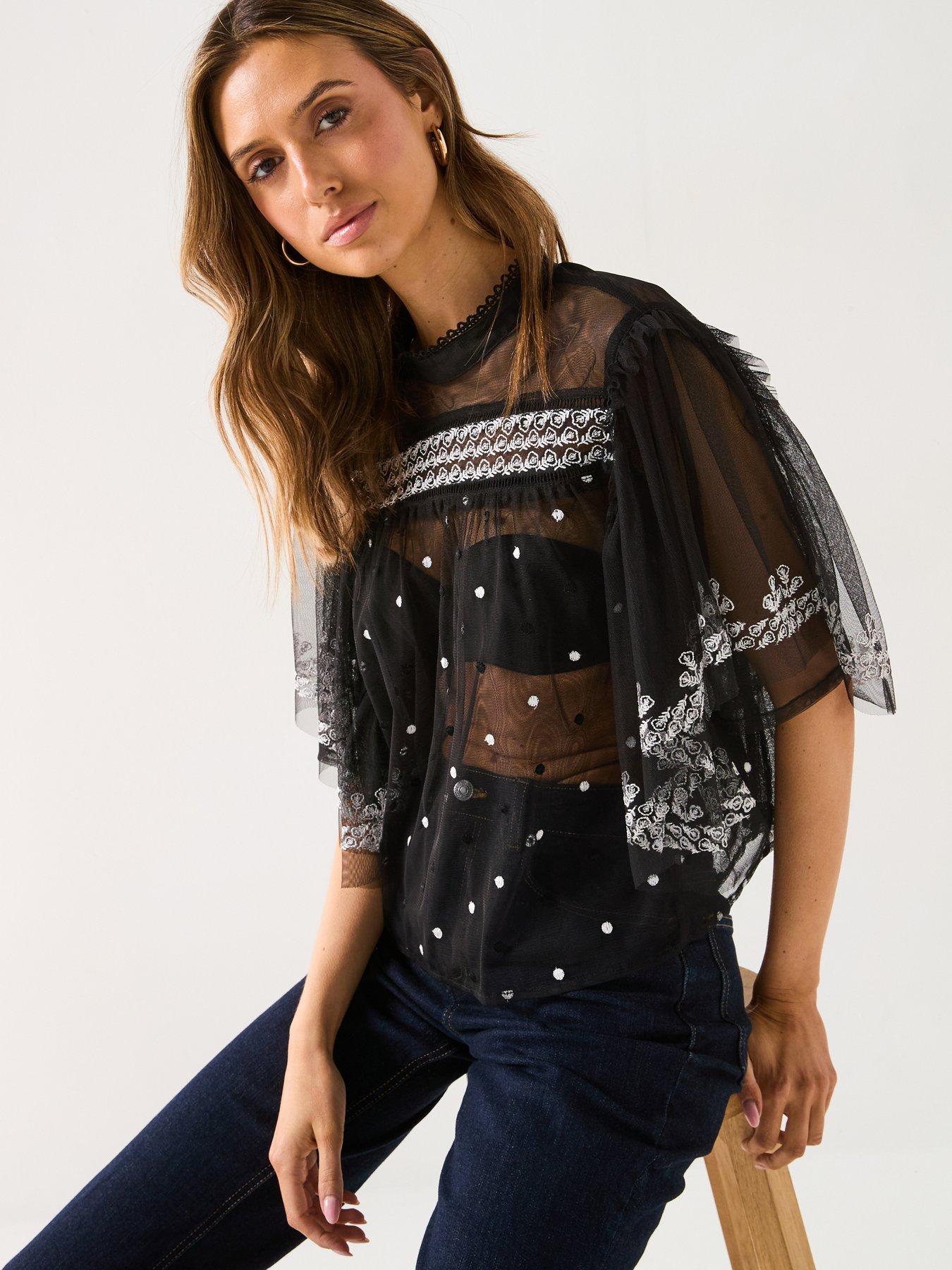  image of v-by-very-sheer-embroidered-blouse-black