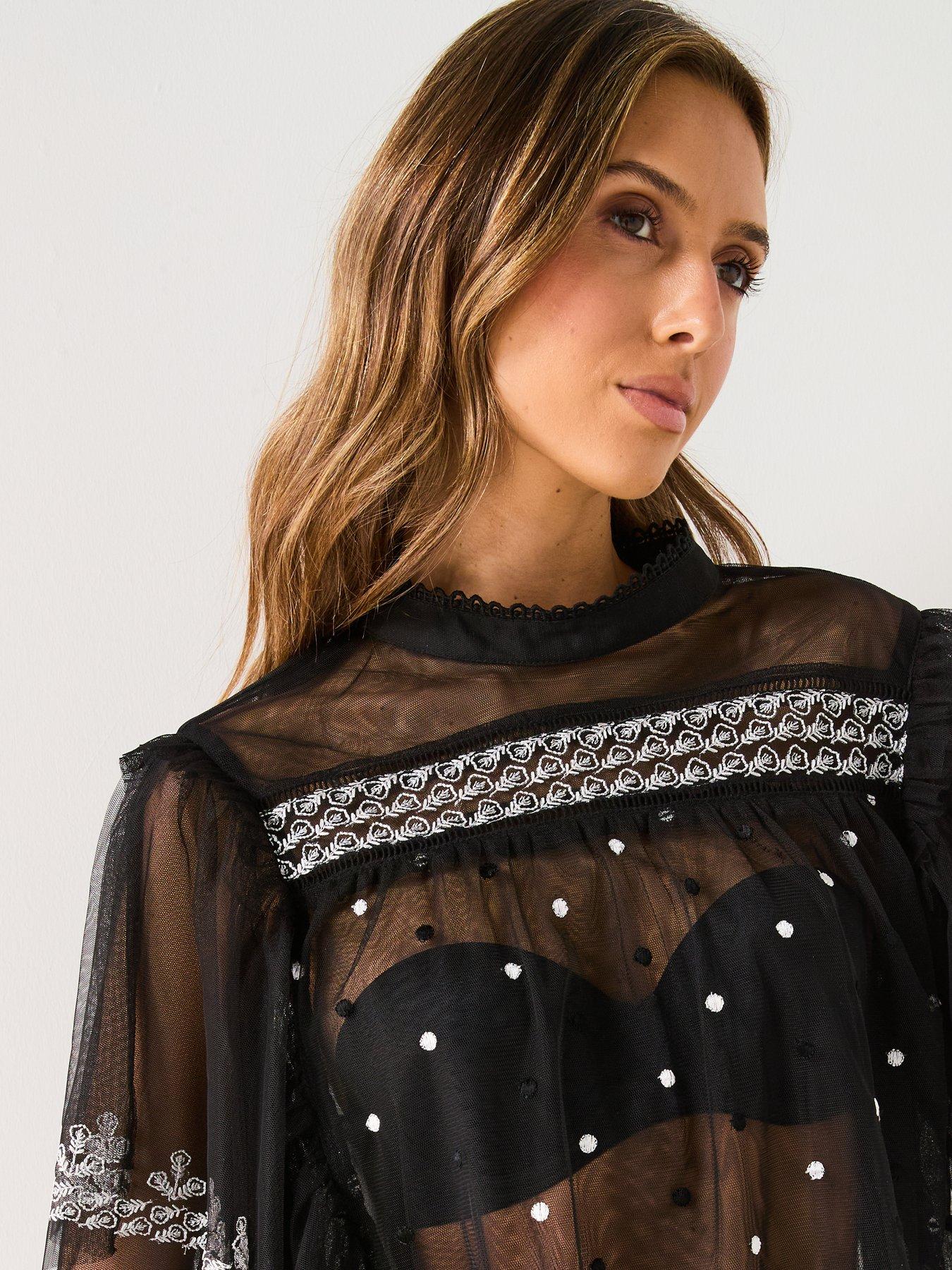  image of v-by-very-sheer-embroidered-blouse-black
