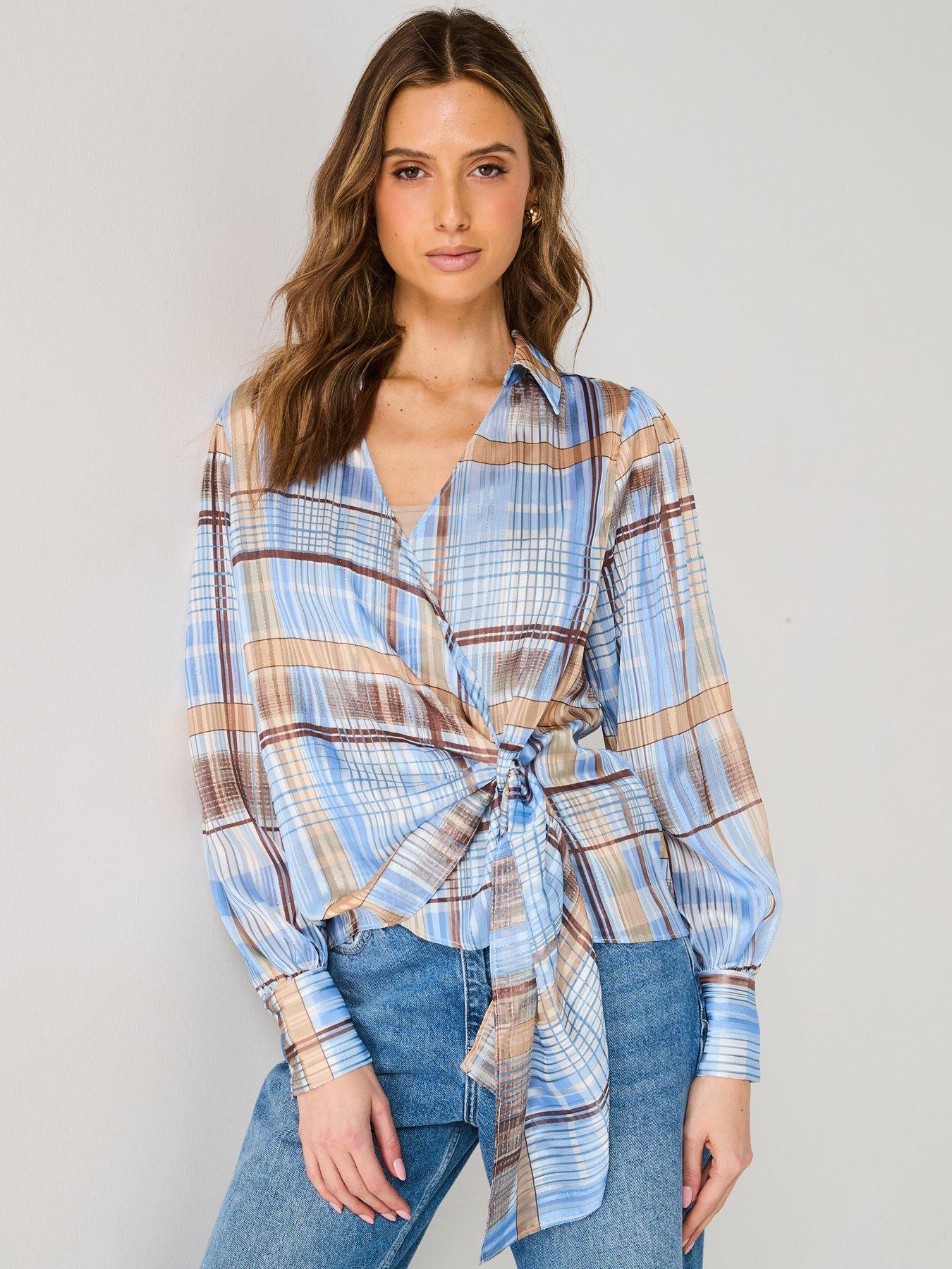 Image 1 of 6 of V by Very Wrap Check Blouse - Blue