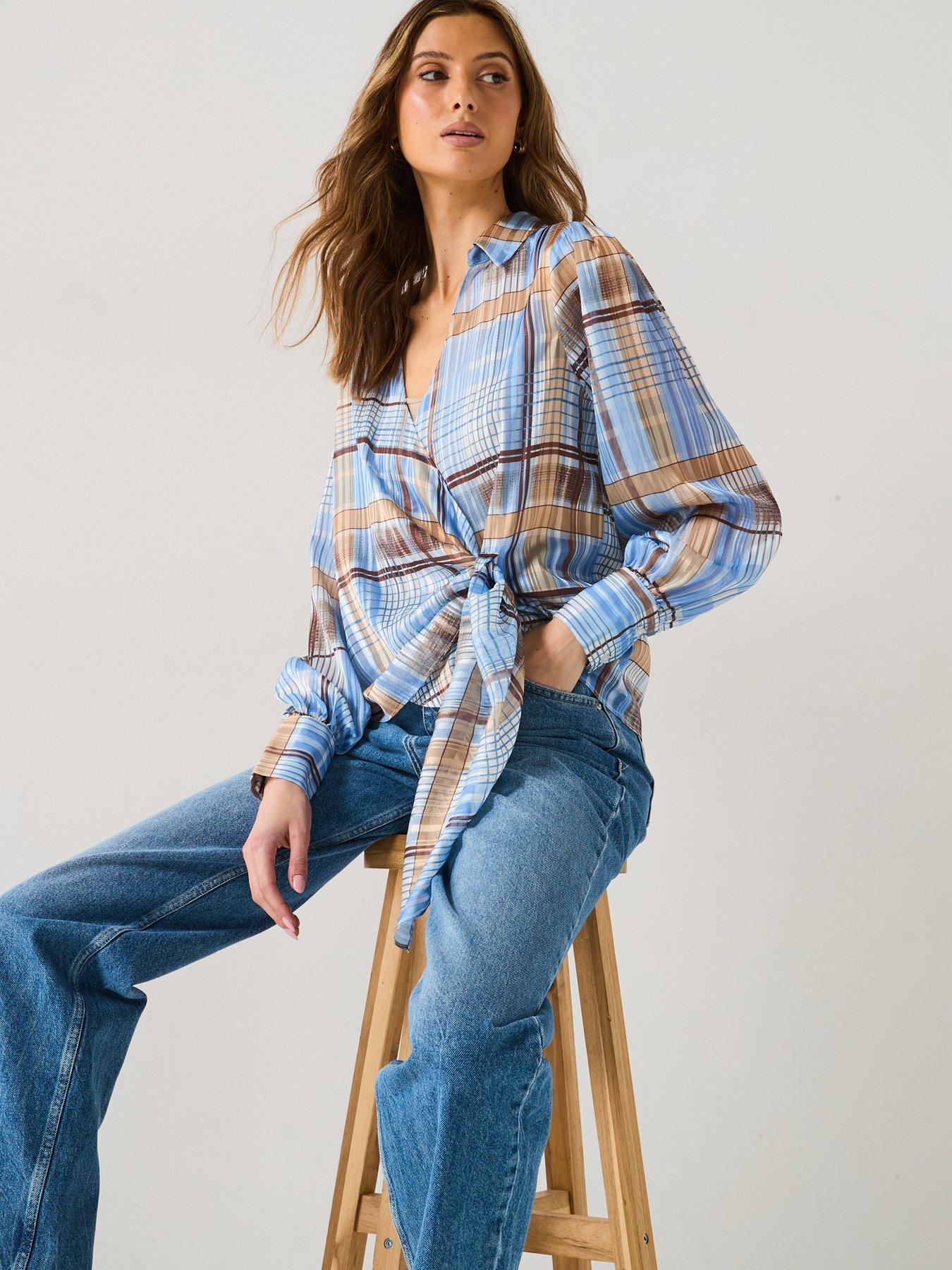 Image 5 of 6 of V by Very Wrap Check Blouse - Blue