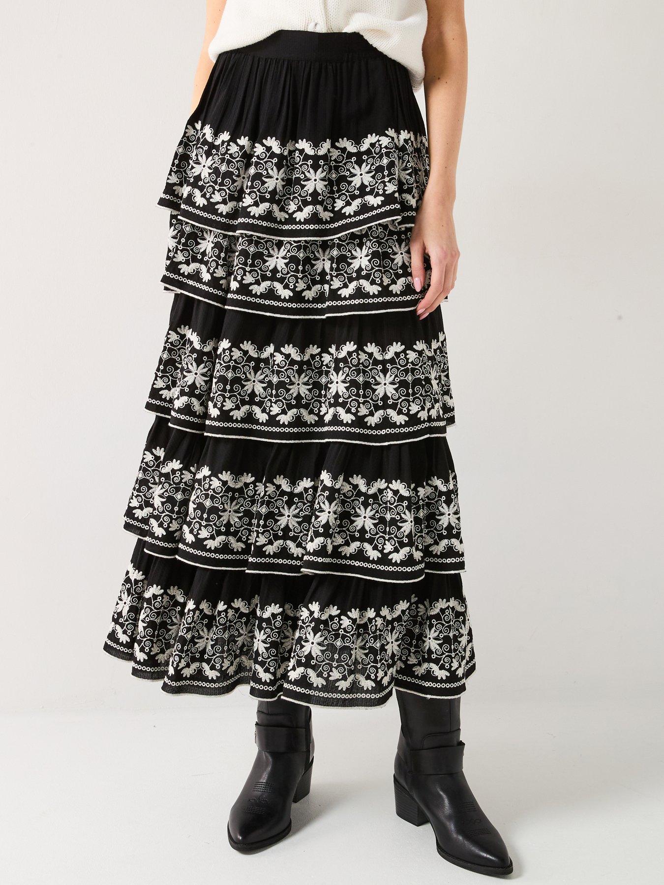 V by Very Embroidered Tiered Midi Skirt - Black