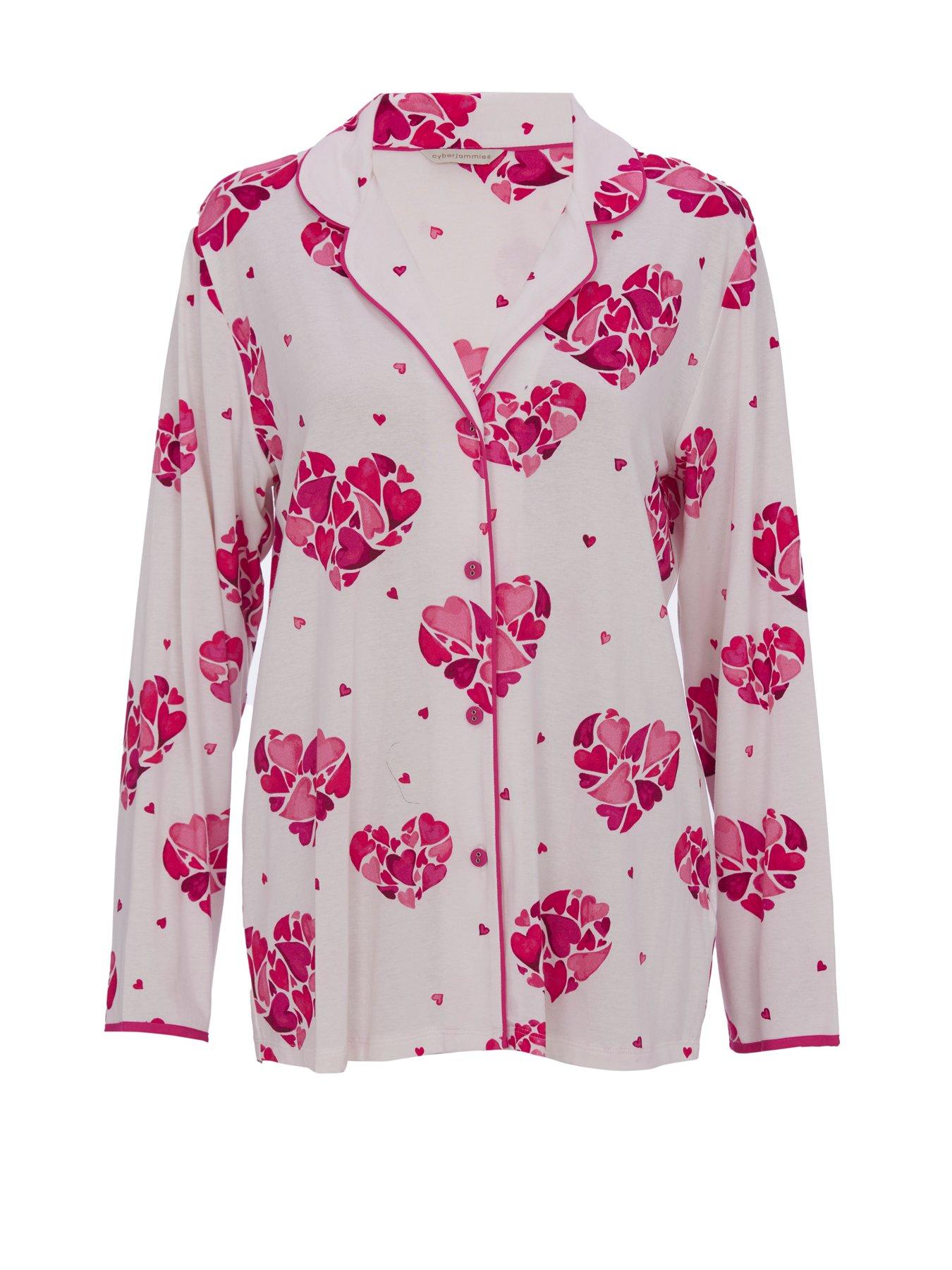  image of cyberjammies-aria-white-heart-printed-jersey-lslv-pyjama-top