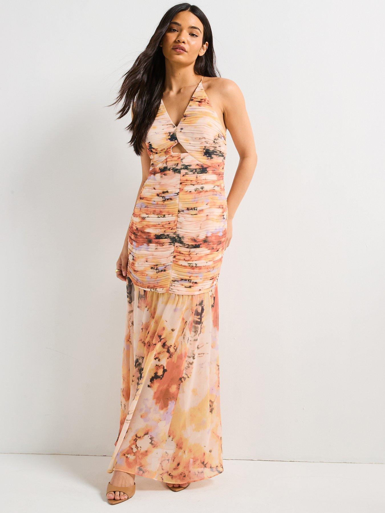 undefined Fishtail Dropped Waist Printed Maxi Dress - Print