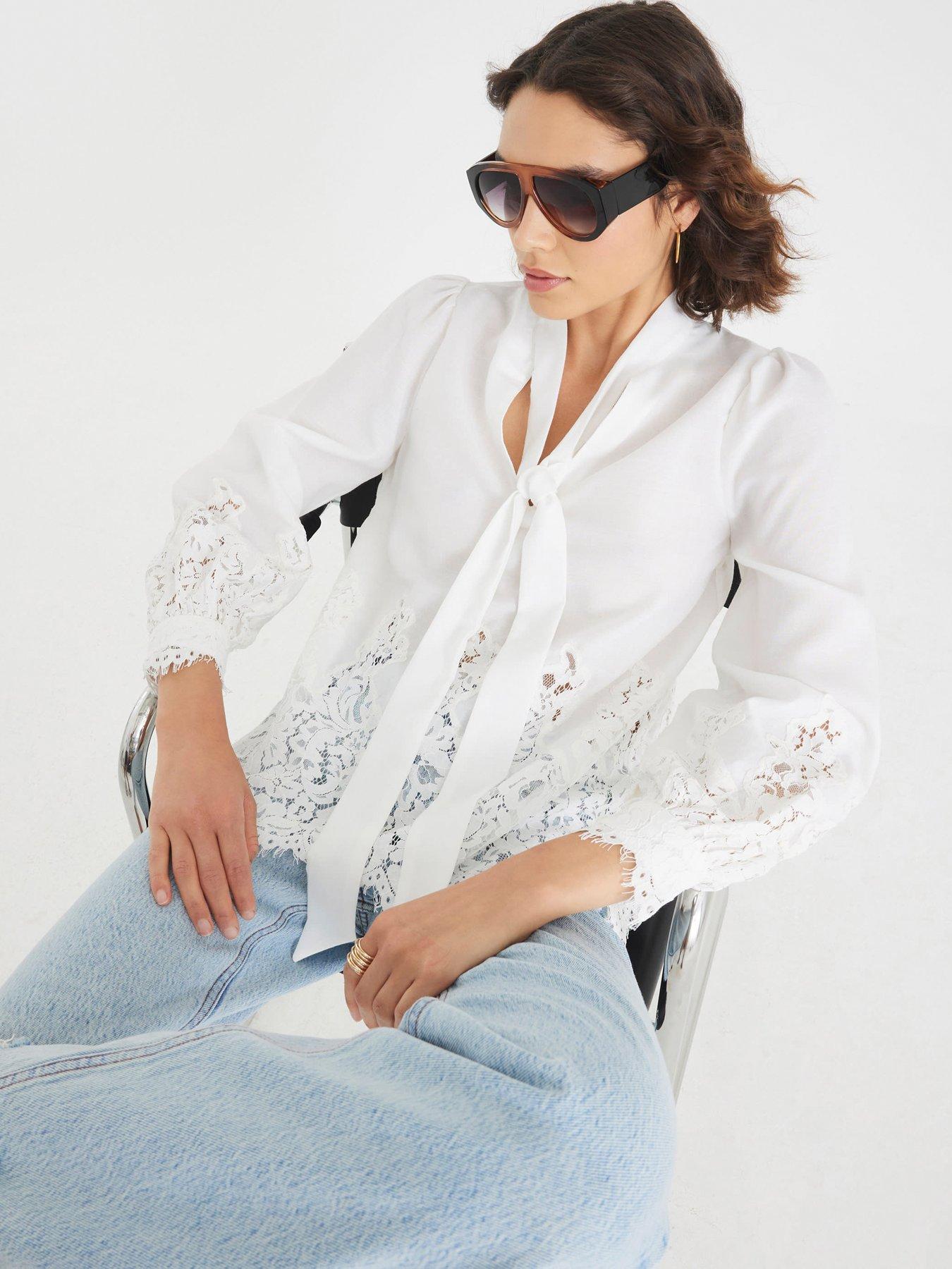 River Island Lace Voile Pussybow Blouse - White