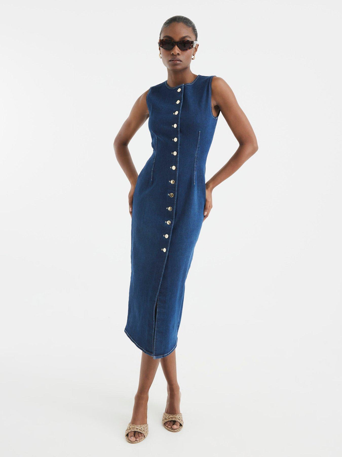 river-island-button-front-midi-bodycon-dress-dark-denim-blue