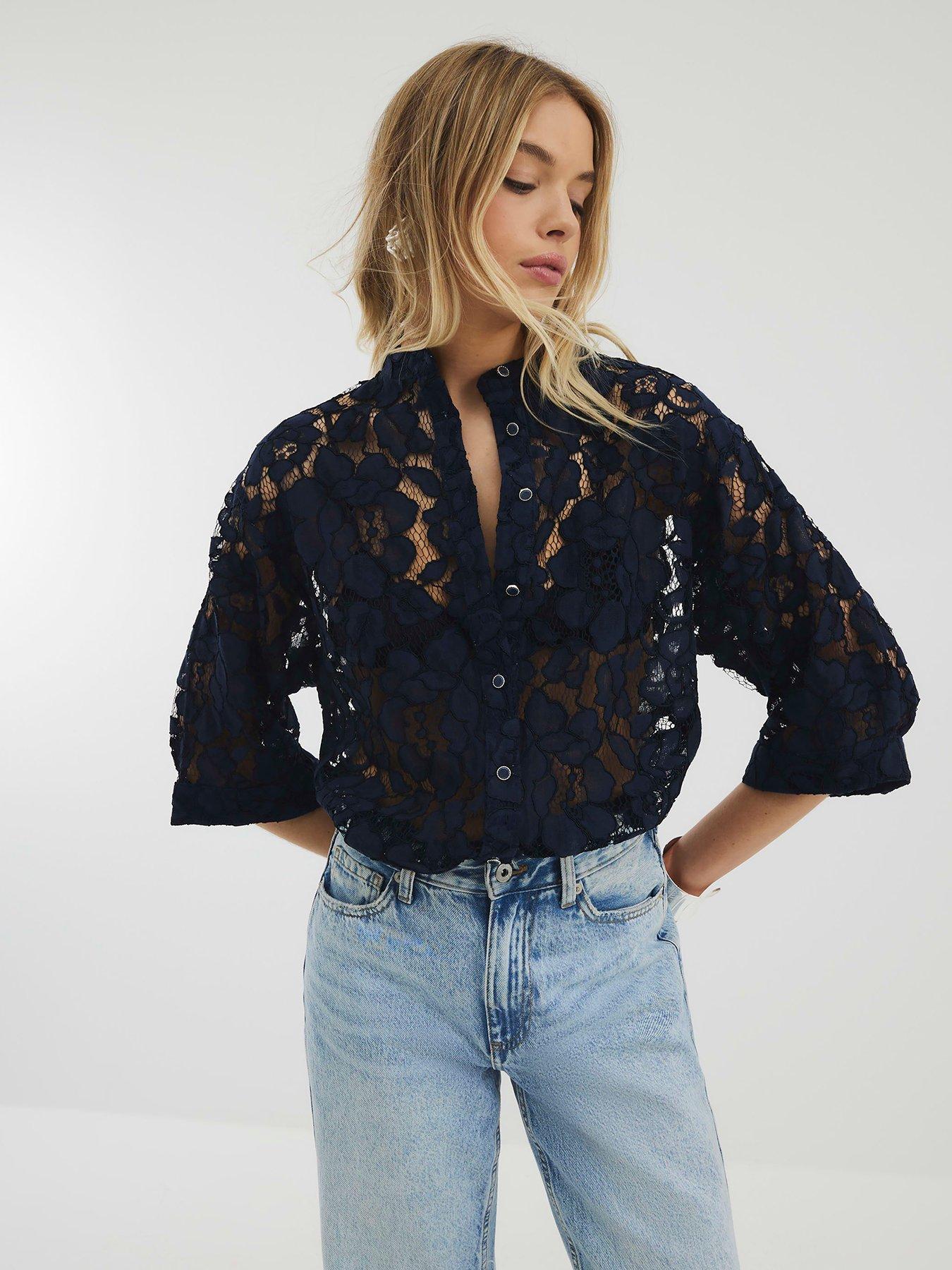  image of river-island-grandad-collar-lace-shirt-navy