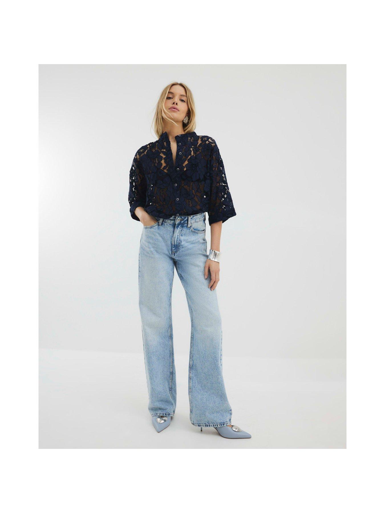  image of river-island-grandad-collar-lace-shirt-navy