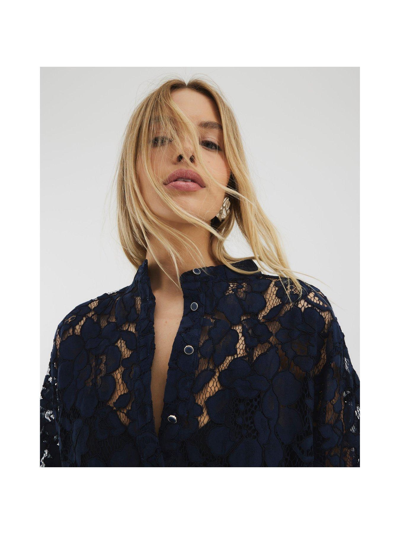  image of river-island-grandad-collar-lace-shirt-navy