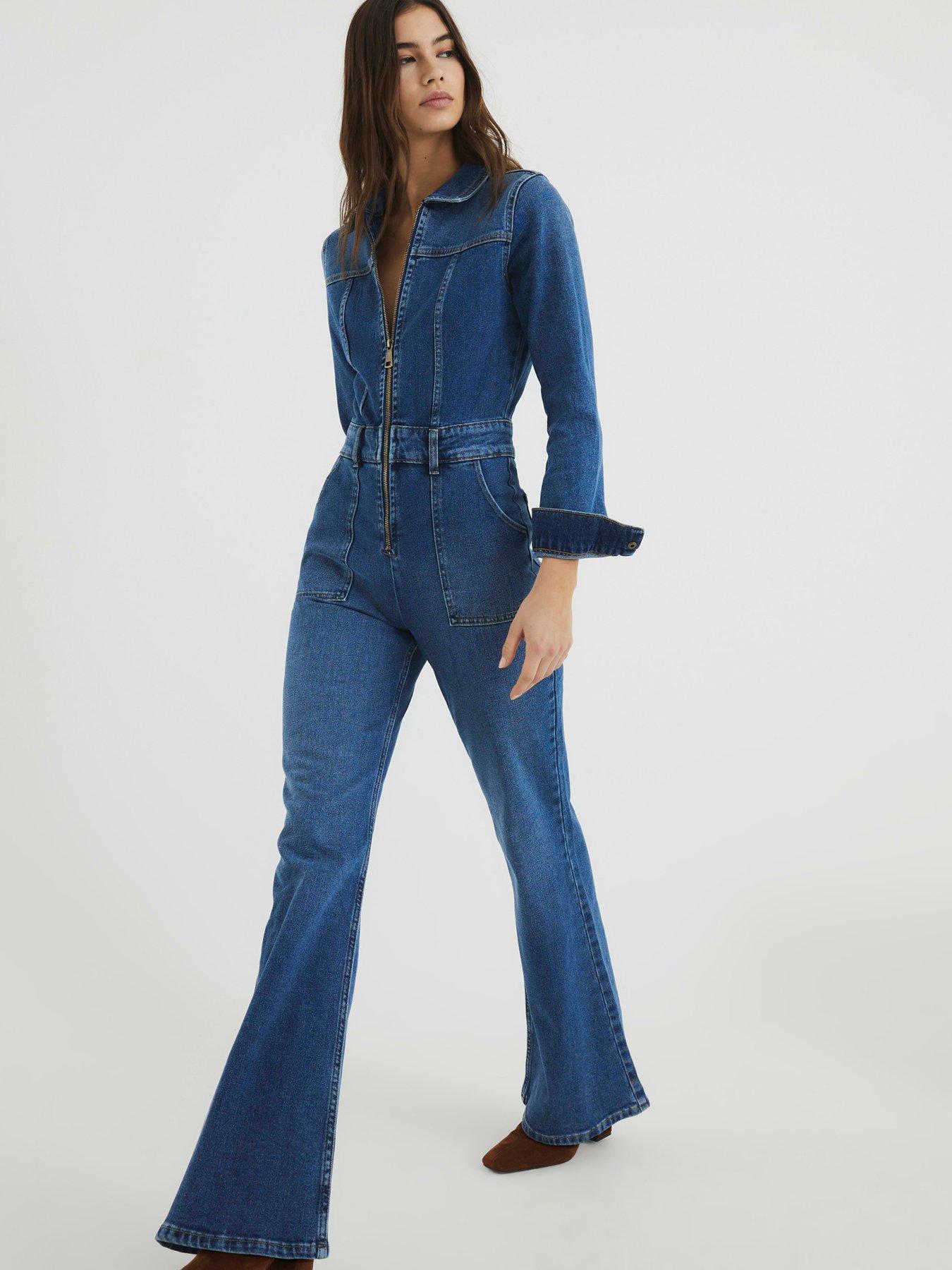 River Island Denim Relaxed Flare Leg Jumpsuit Medium Denim