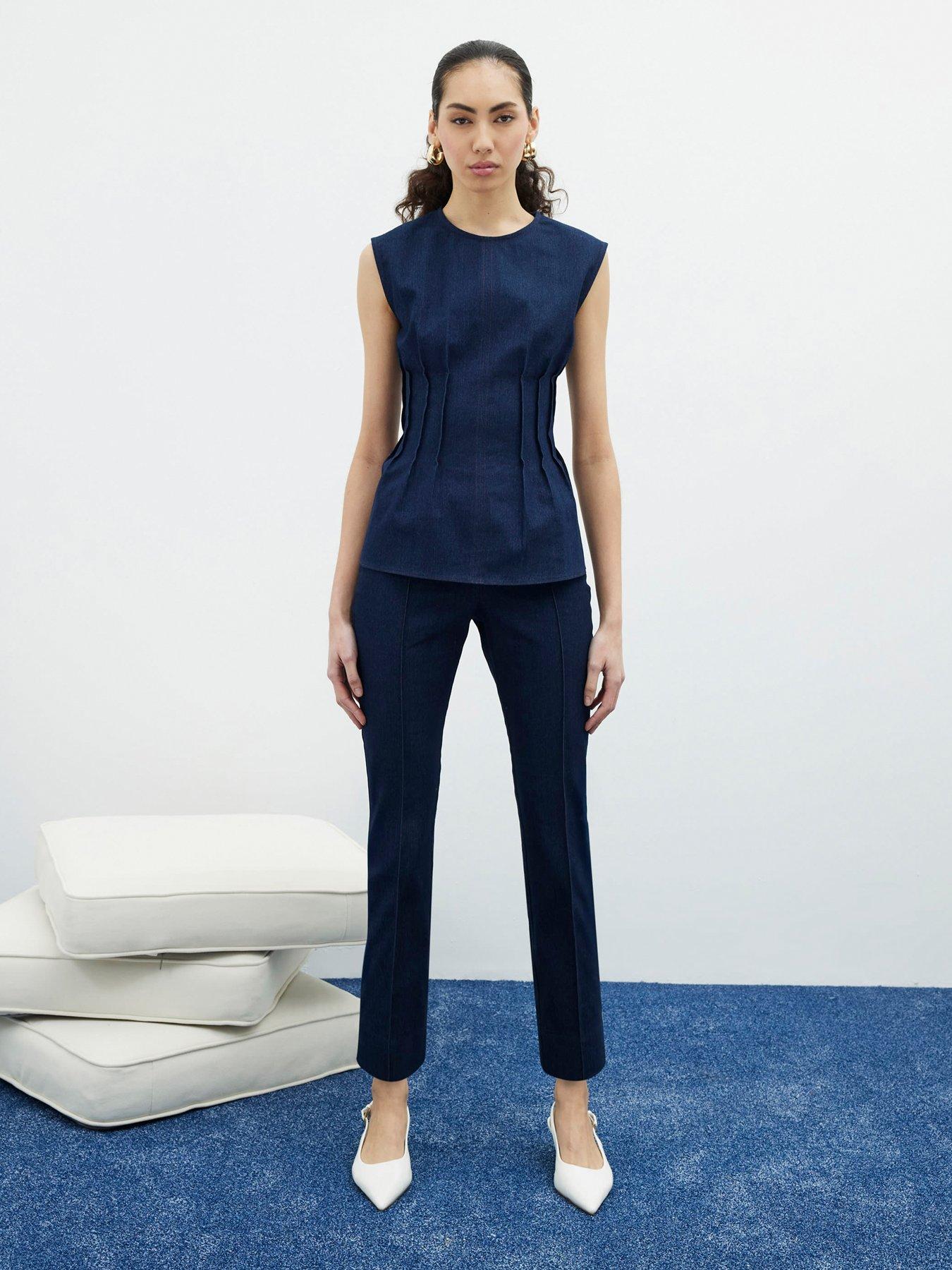 river-island-pintuck-stretch-denim-top-dark-blue