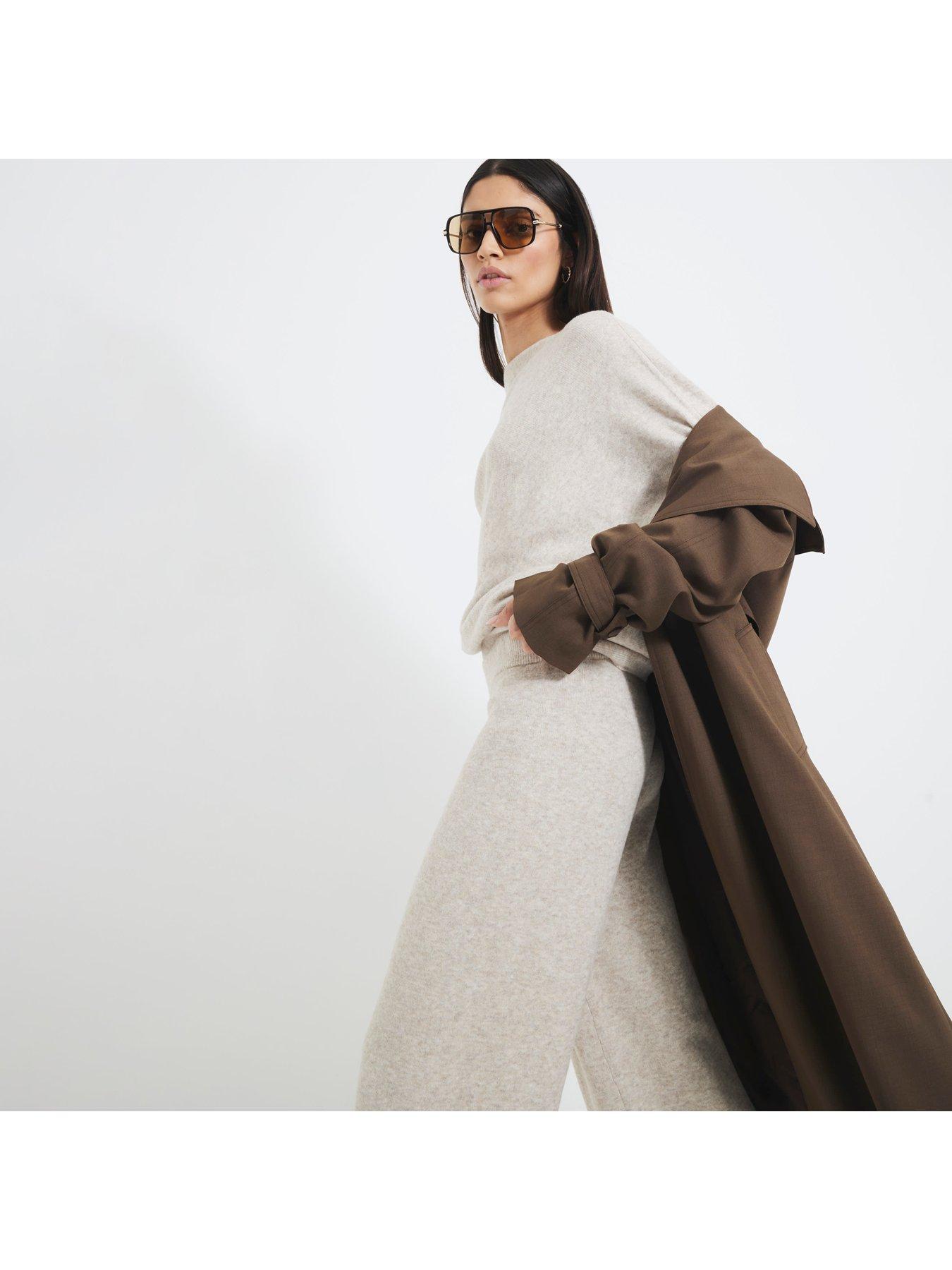  image of river-island-knit-wide-leg-trouser-beige