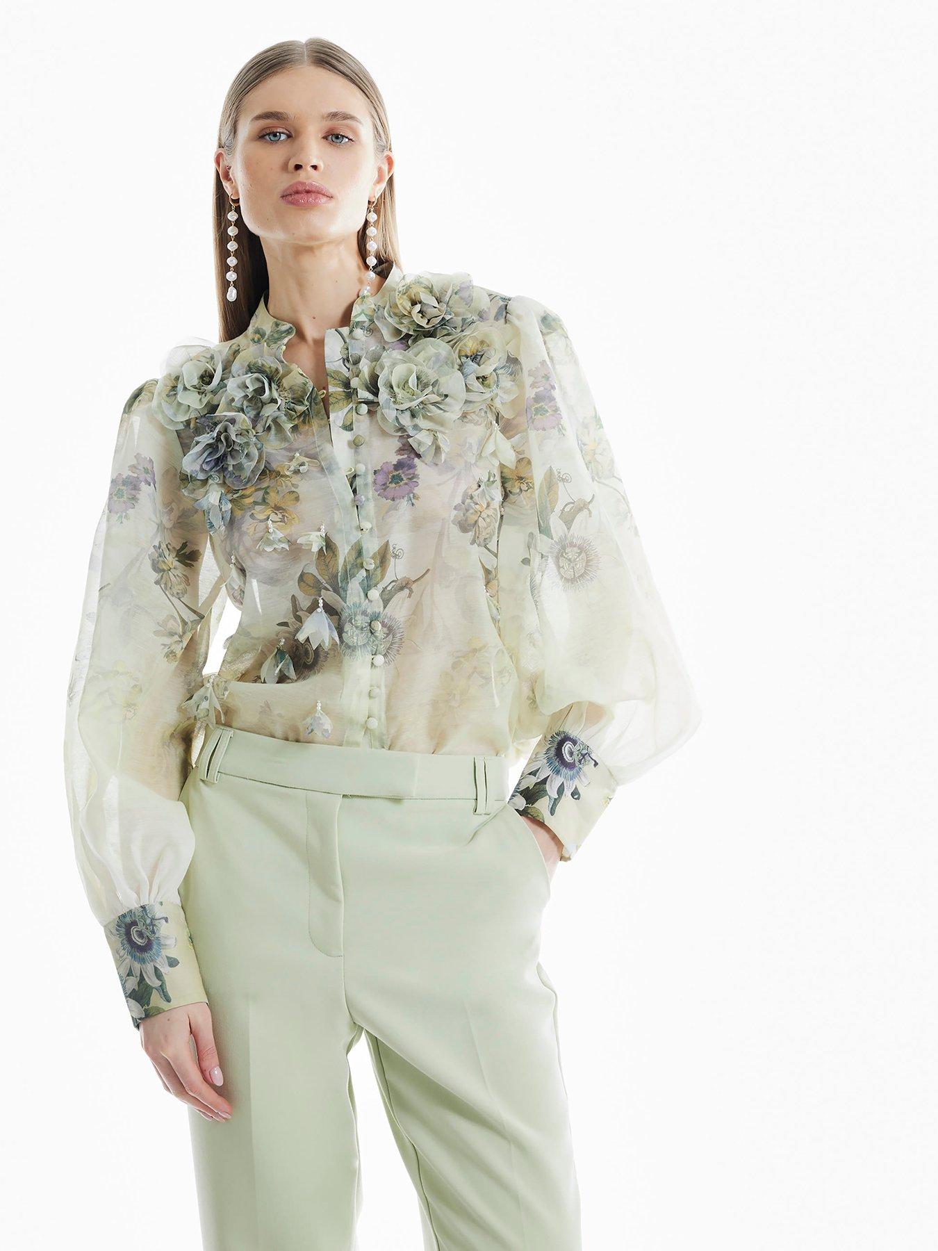 Image 1 of 4 of River Island 3D Trimmed Sleeve Blouse - Light