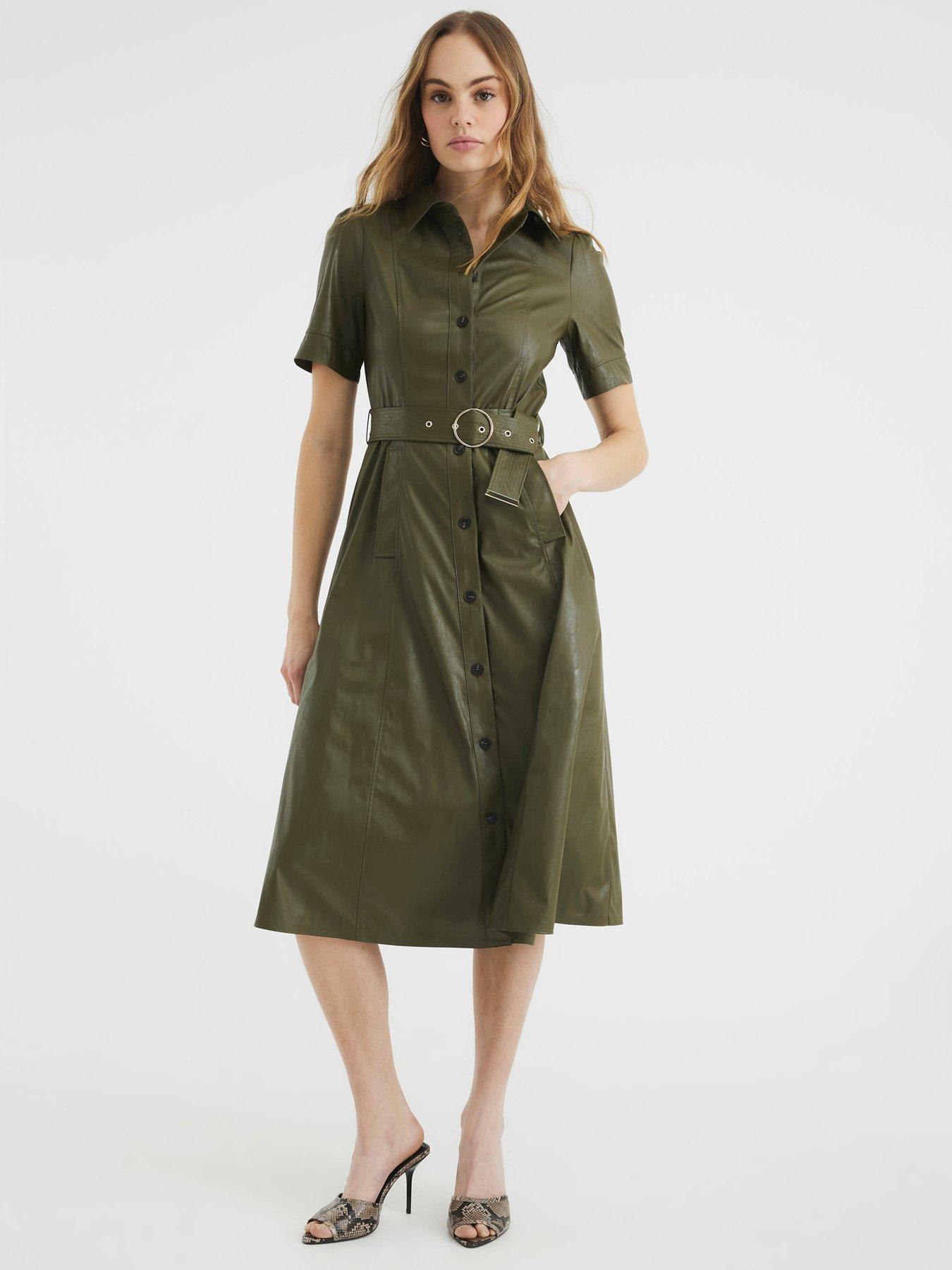 undefined PU Shirt Midi Dress - Khaki