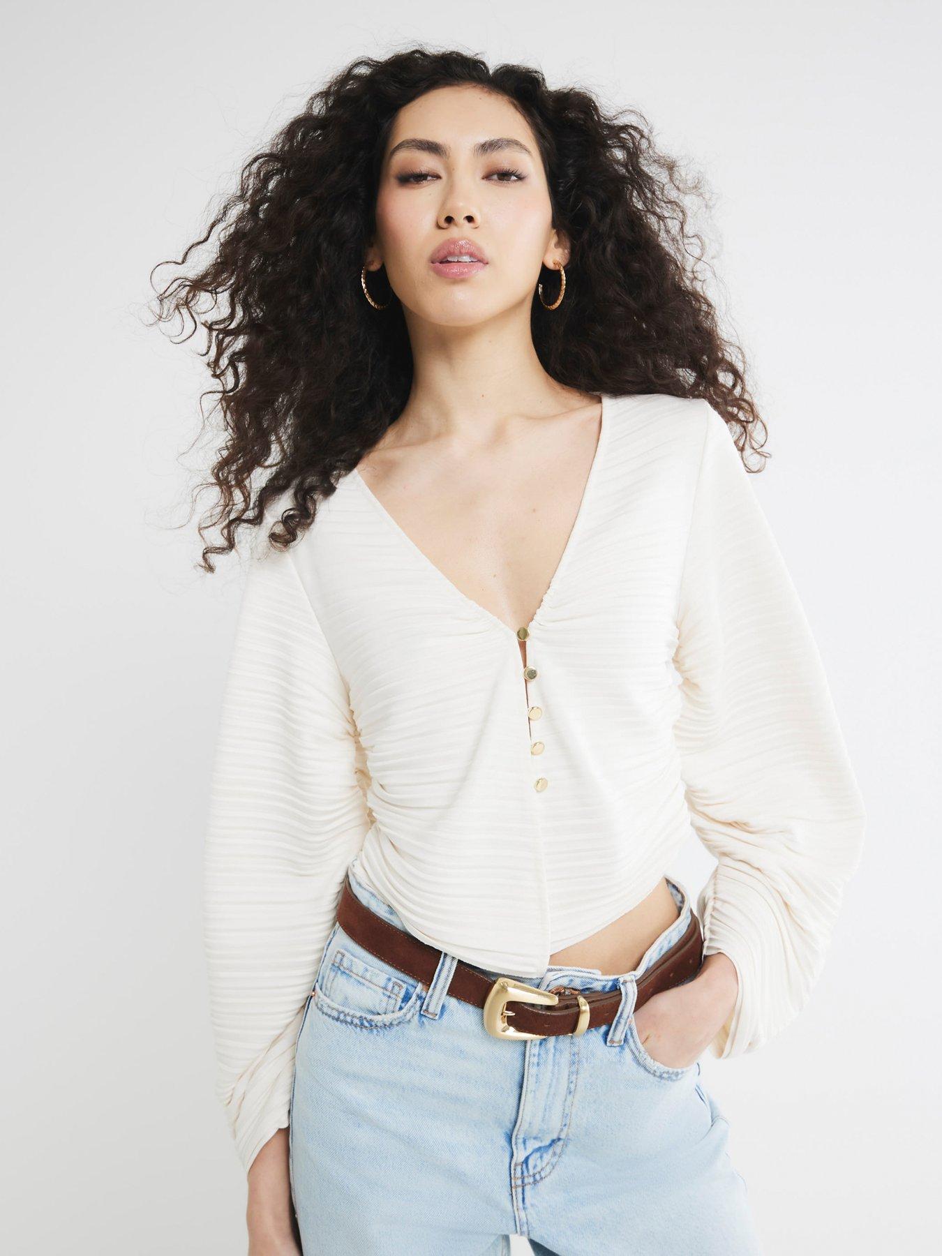 River Island Banana Sleeve Plisse Top - Cream