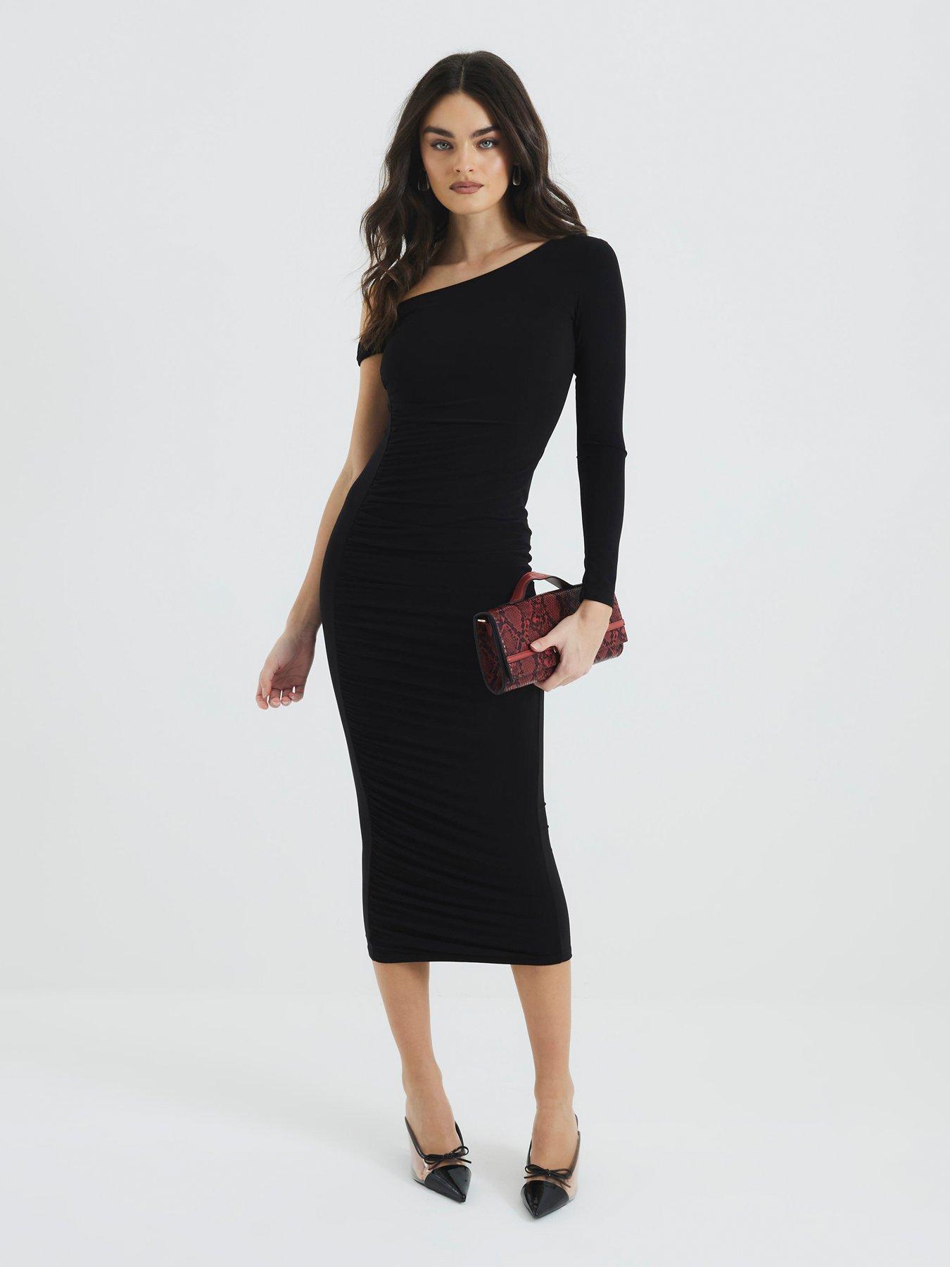 undefined Asymmetric Twist Ruched Midi Dress - Black