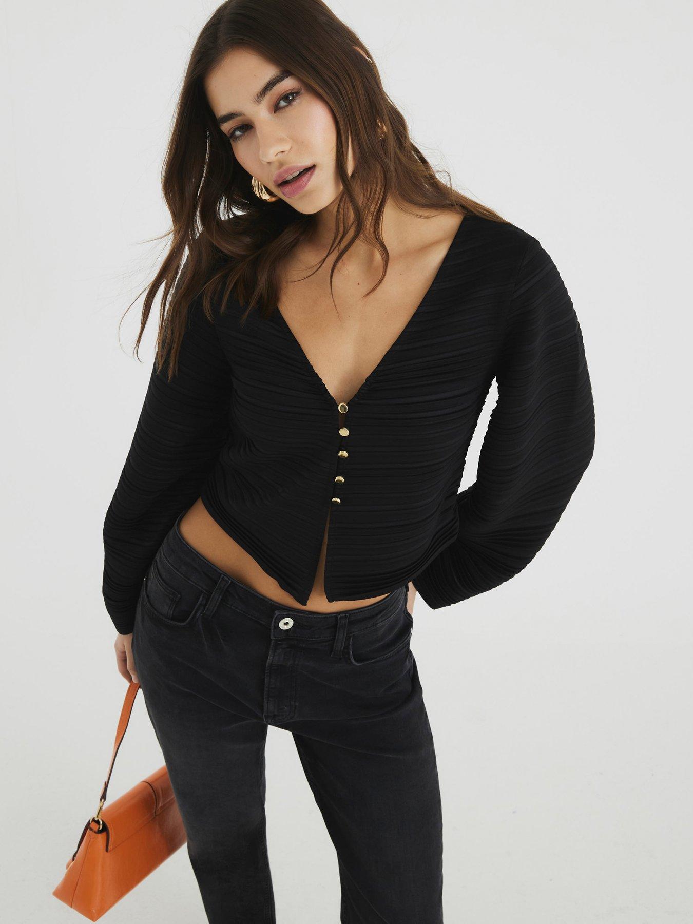 undefined Banana Sleeve Plisse Top - Black