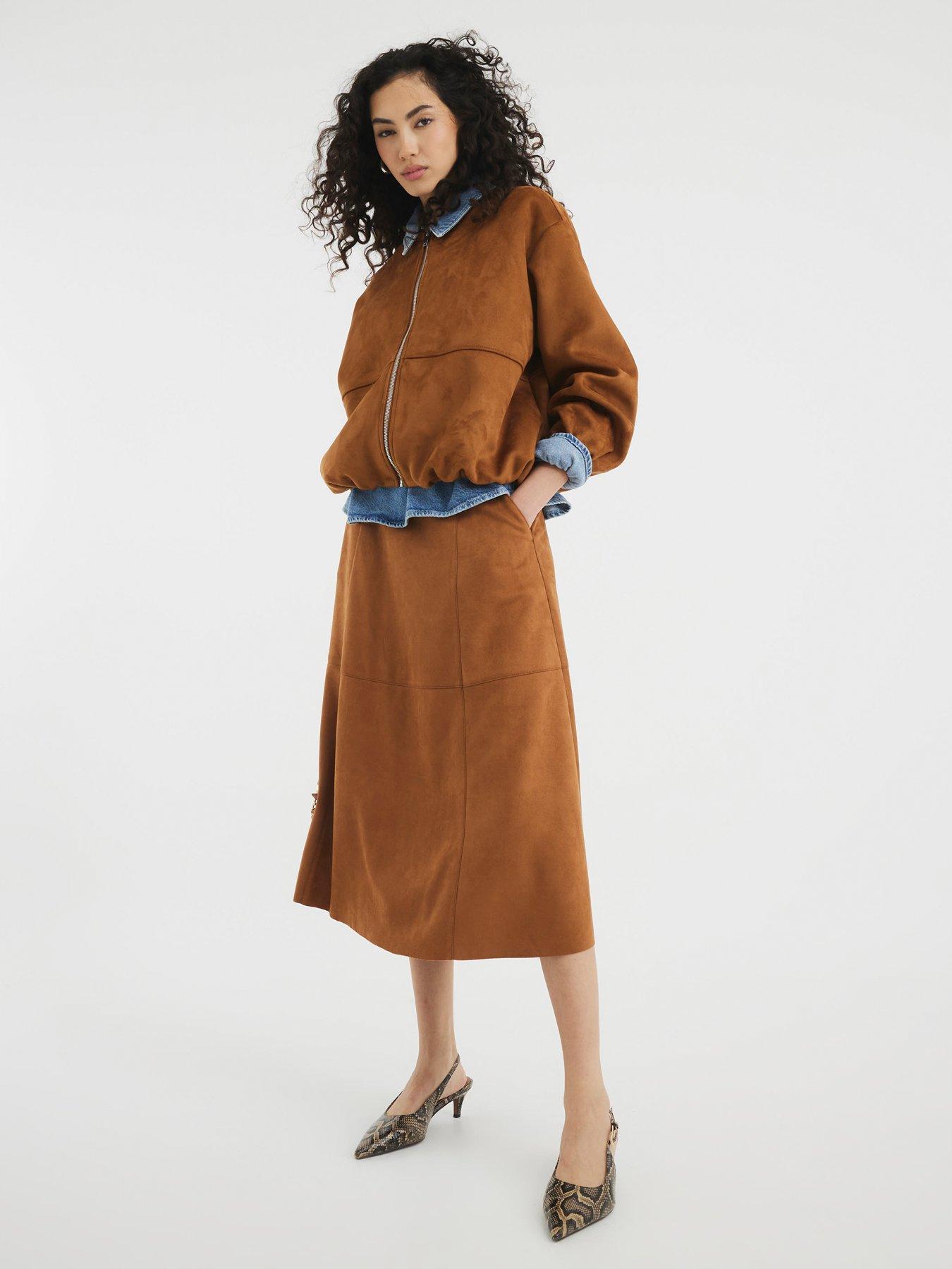 undefined Suedette Midi Length Skirt - Brown