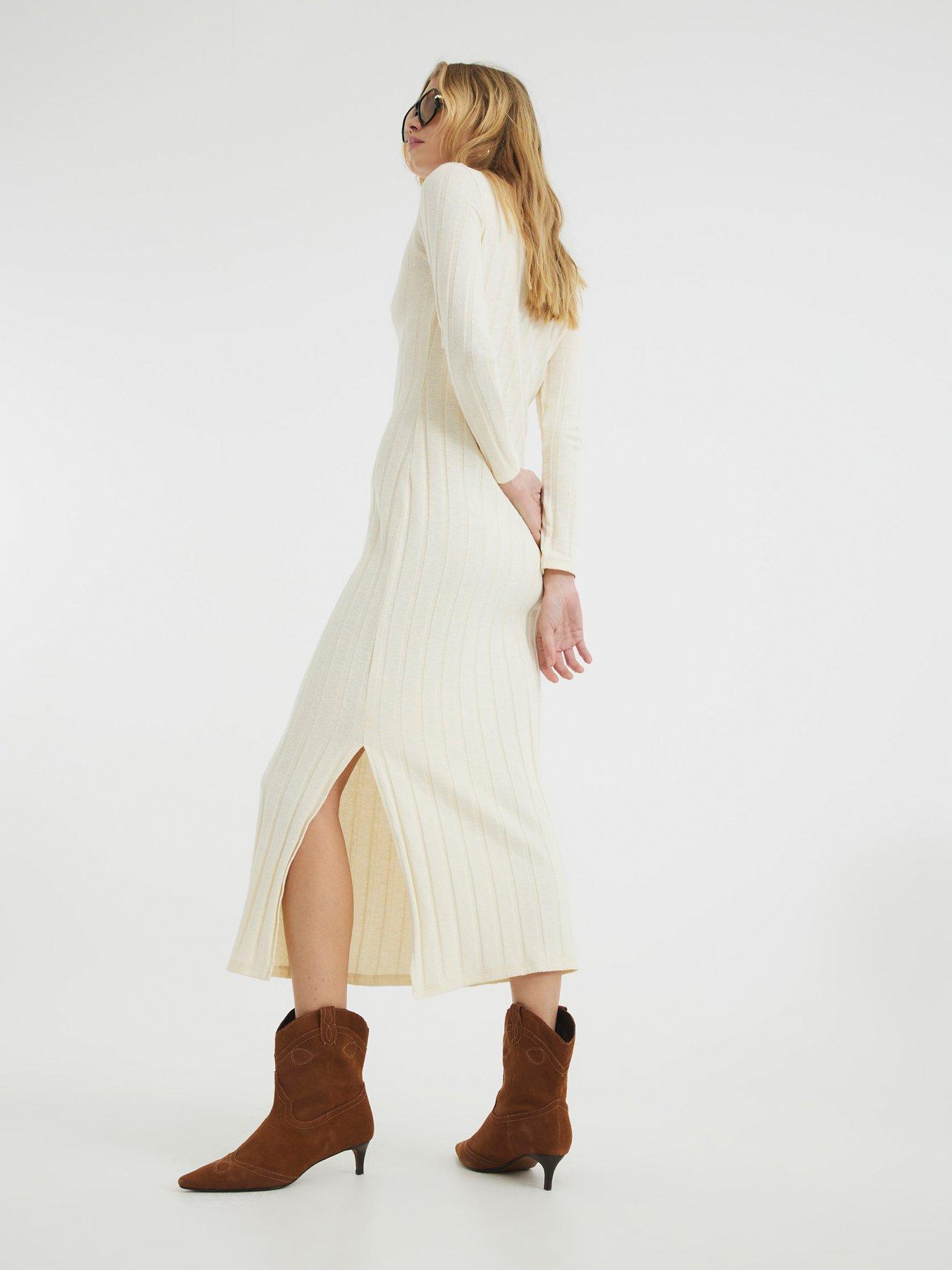 river island ribbed dress River Island Long Sleeve Rib Knit Dress In Beige - 40% Off
