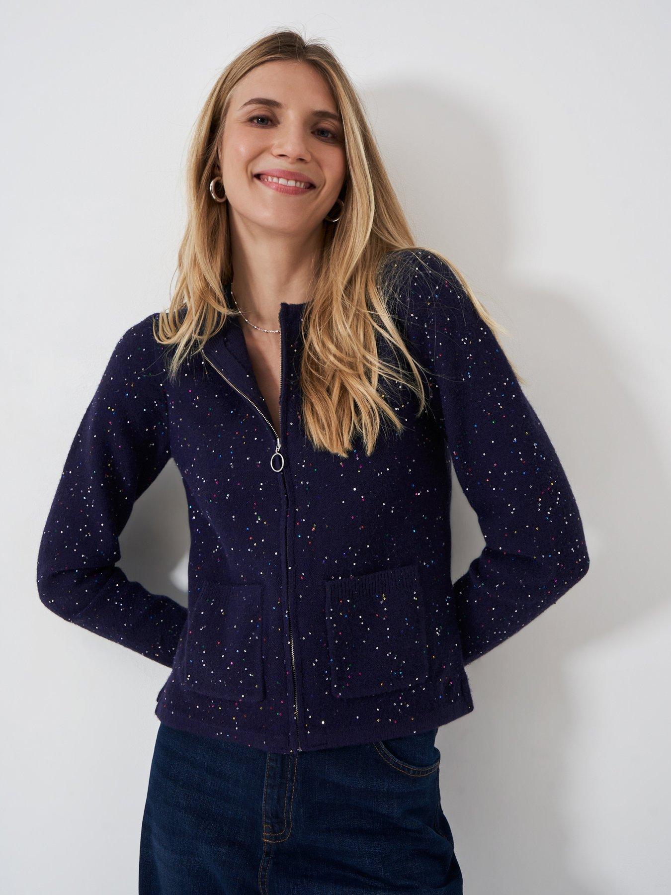  image of crew-clothing-glitterball-knitted-jacket-navy