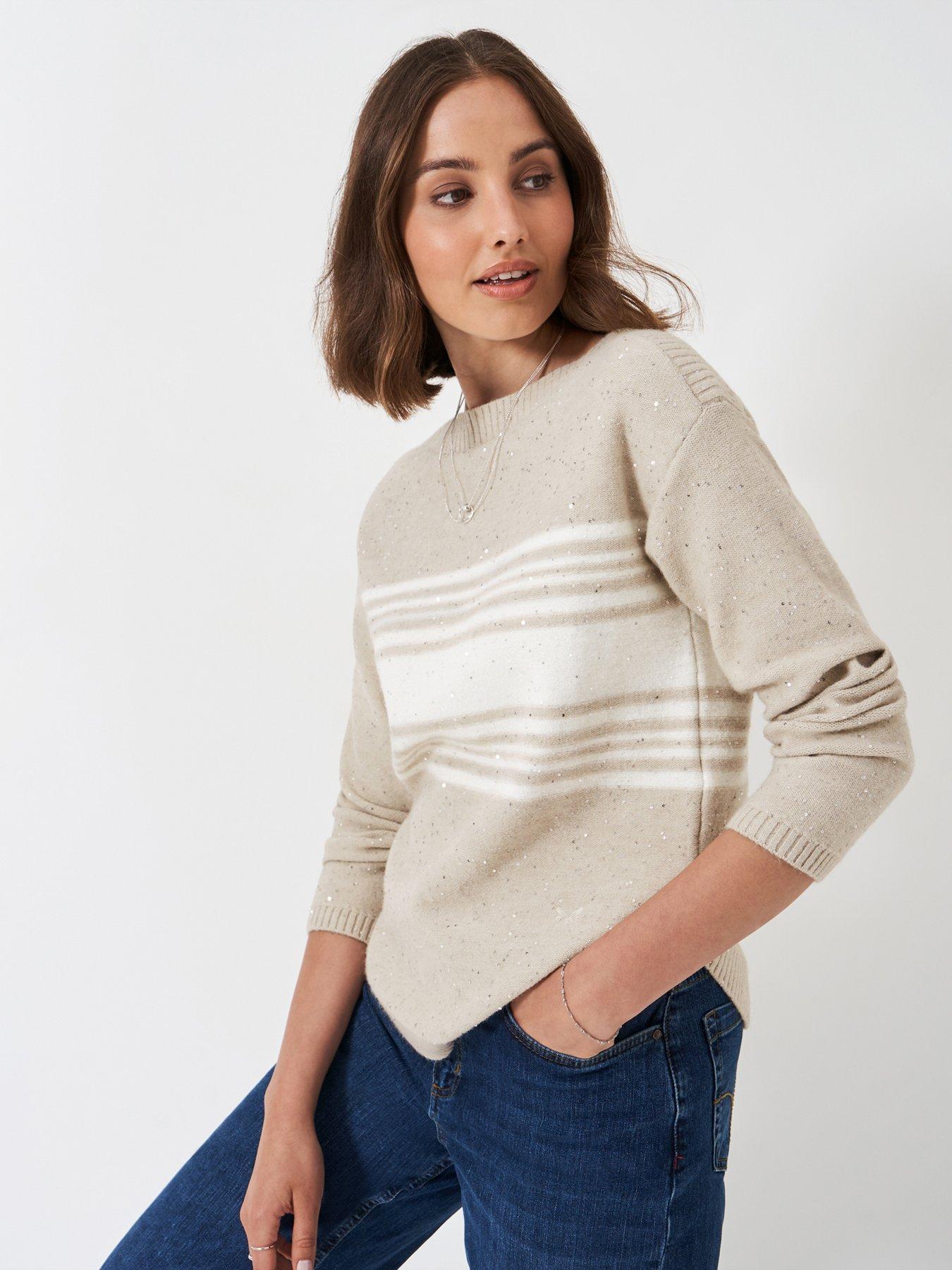  image of crew-clothing-sequin-jumper-with-curved-hem-beige