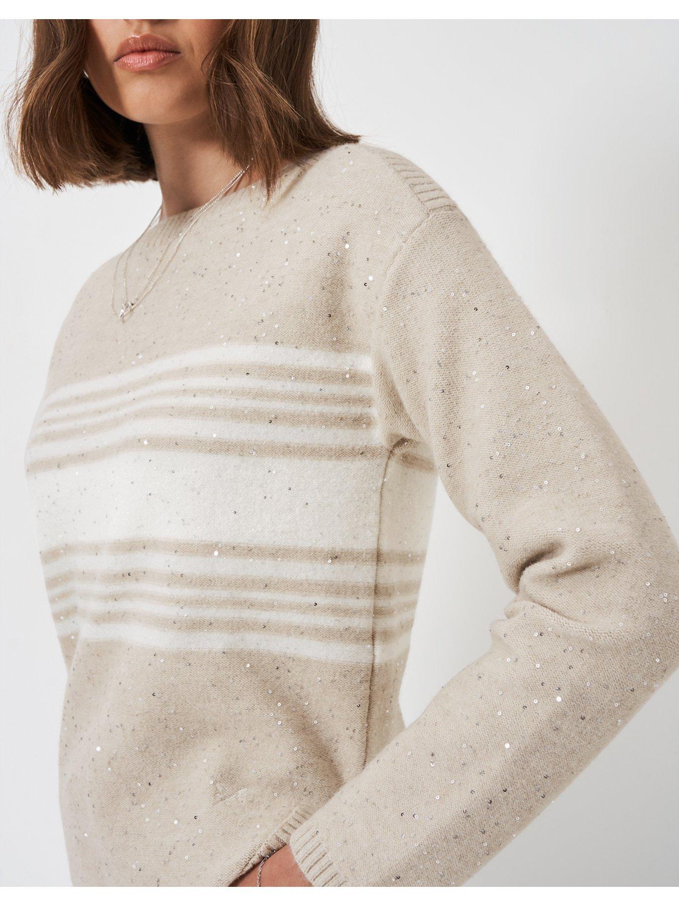  image of crew-clothing-sequin-jumper-with-curved-hem-beige