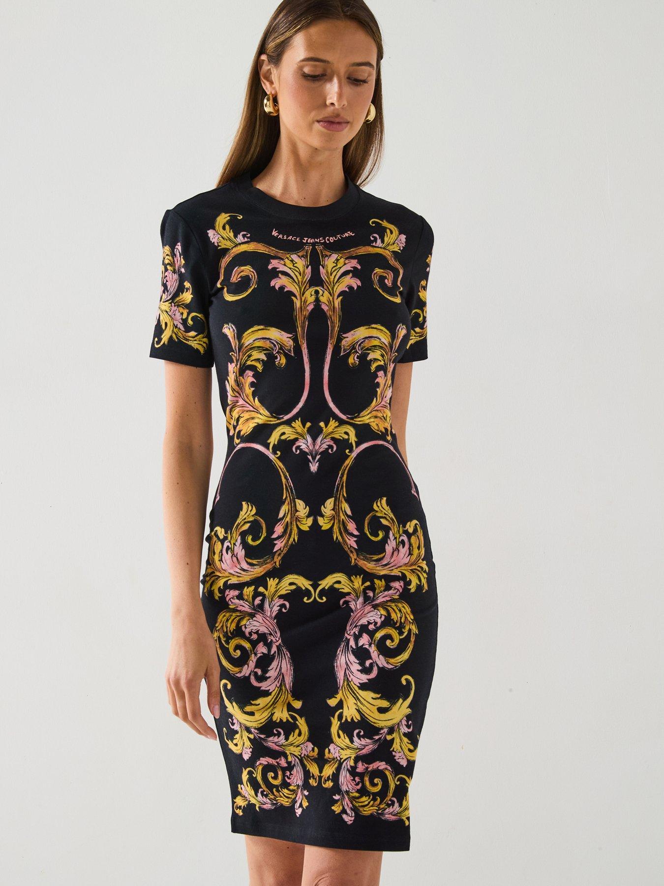 Image 1 of 6 of Versace Jeans Couture Marco Baroque T-Shirt Dress - Black