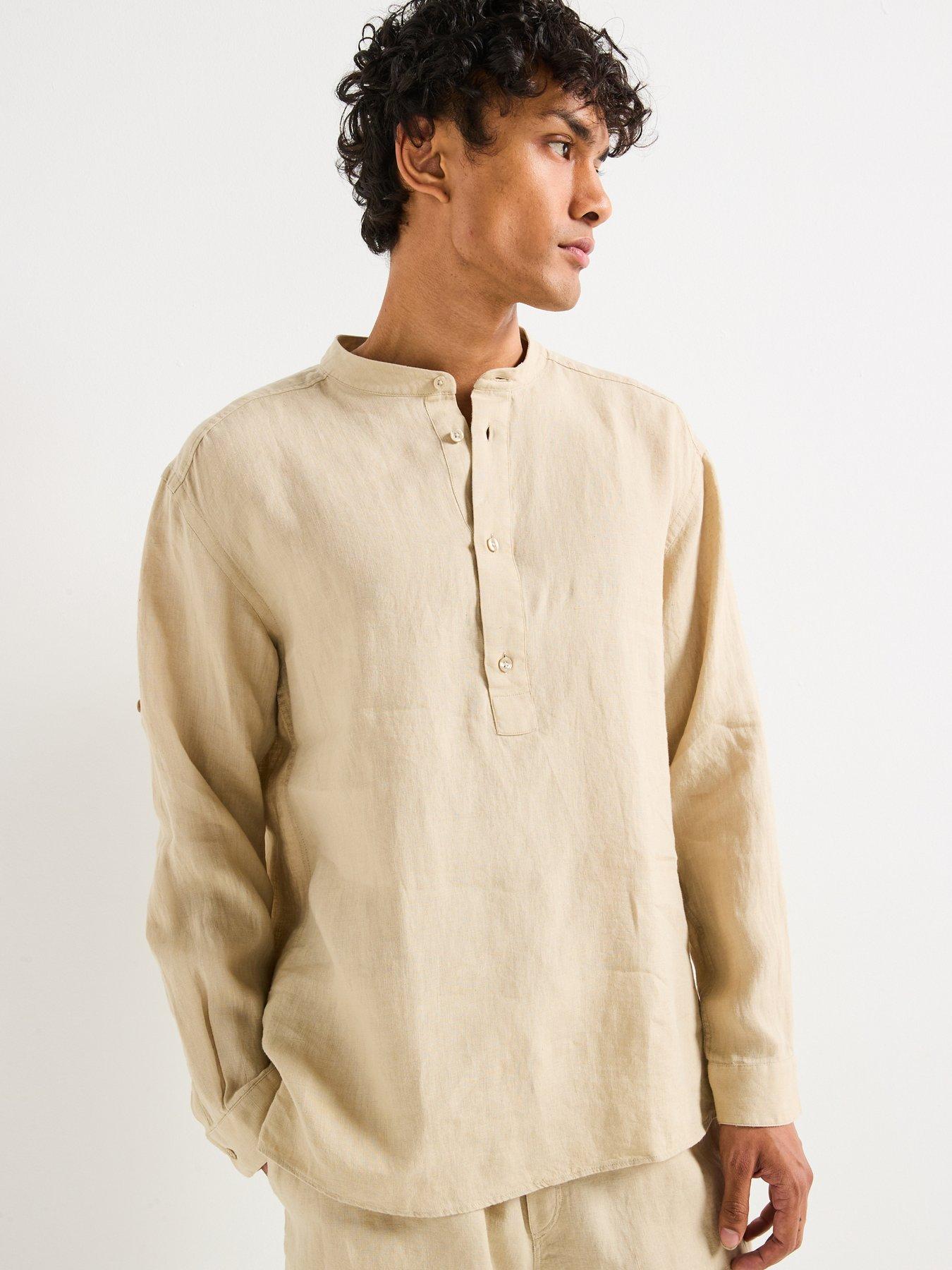  image of boss-c-cory-relaxed-fit-collarless-linen-shirt-light-beige