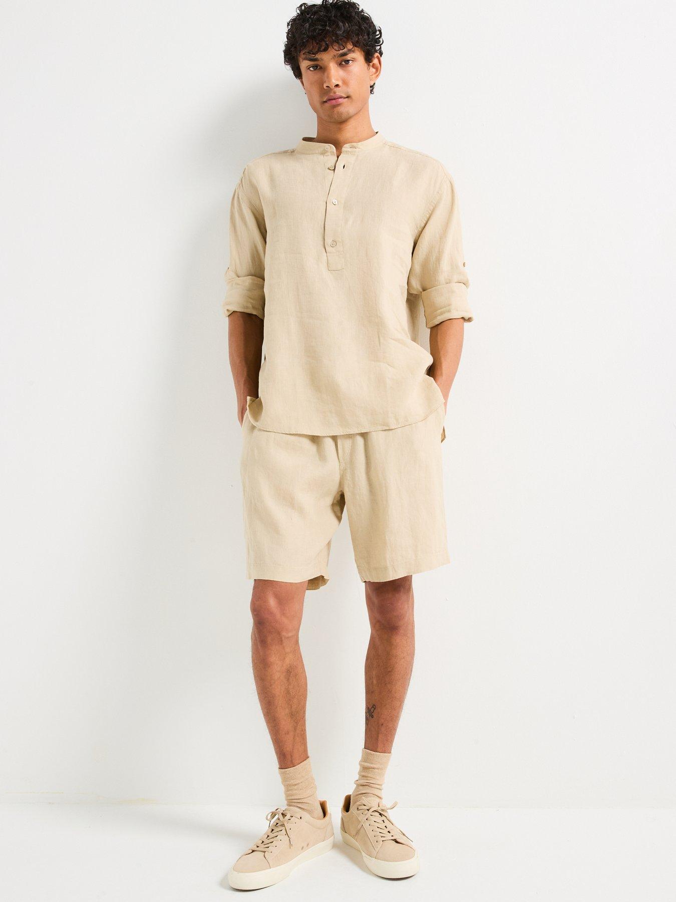  image of boss-c-cory-relaxed-fit-collarless-linen-shirt-light-beige