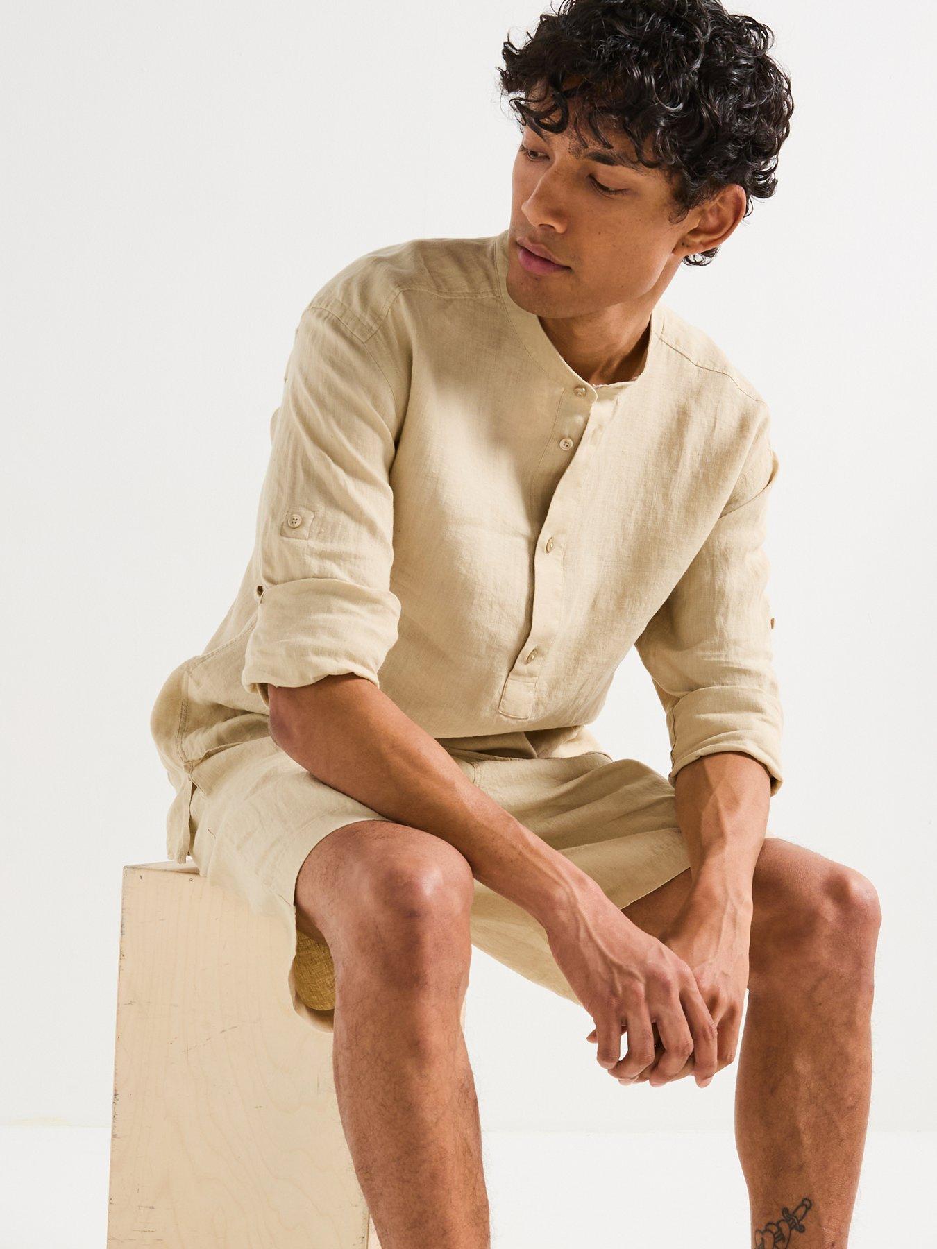  image of boss-c-cory-relaxed-fit-collarless-linen-shirt-light-beige