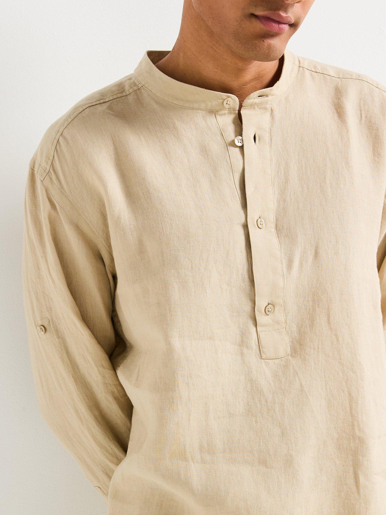  image of boss-c-cory-relaxed-fit-collarless-linen-shirt-light-beige