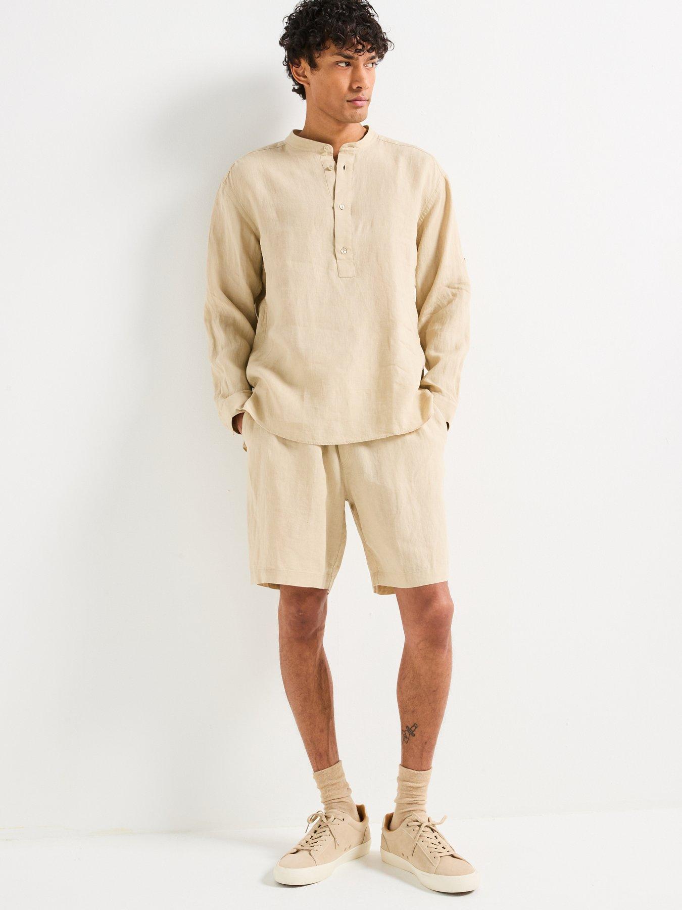  image of boss-c-cory-relaxed-fit-collarless-linen-shirt-light-beige
