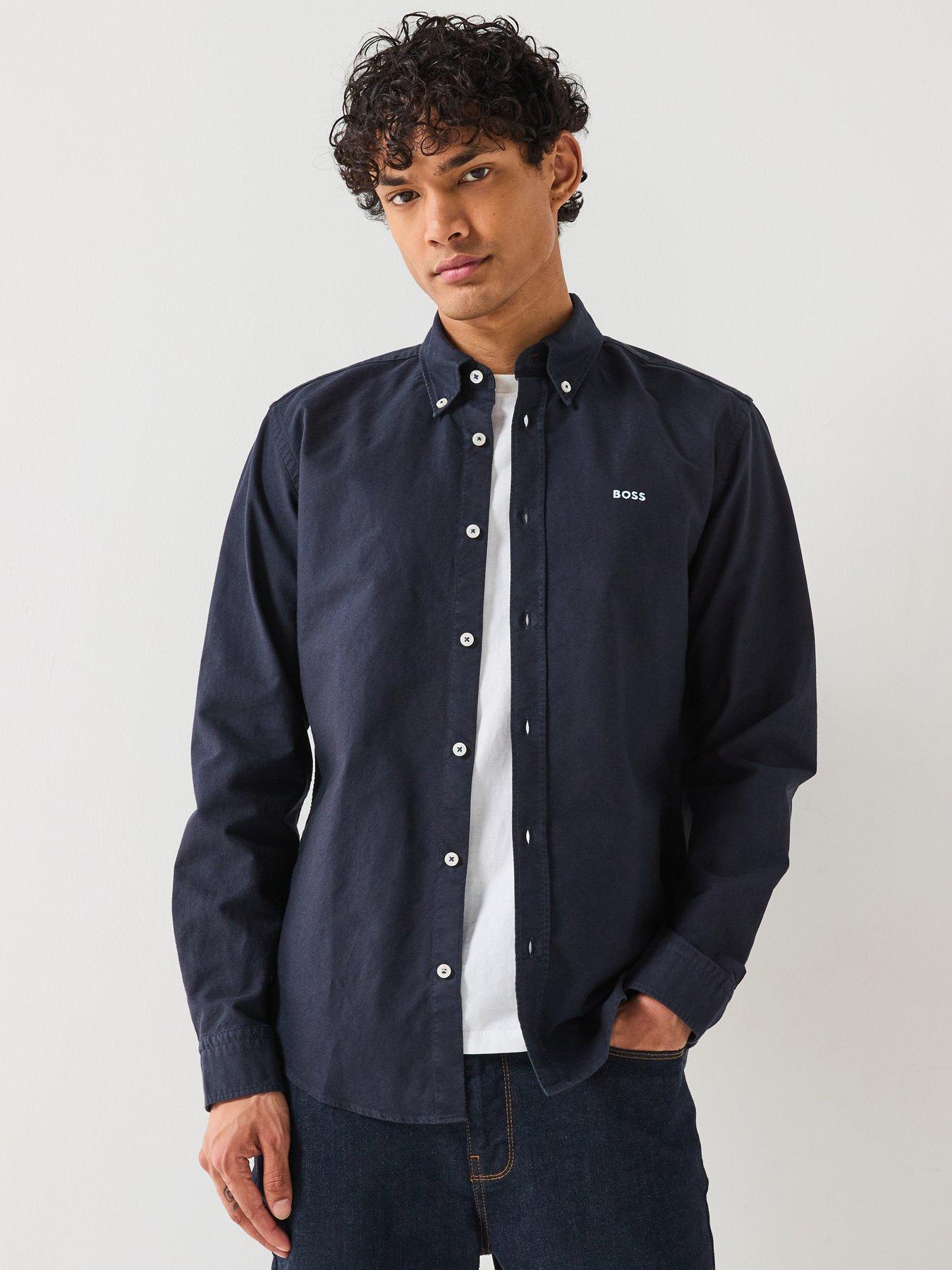 front image of boss-roan-slim-fit-button-down-logo-oxford-shirt--navy