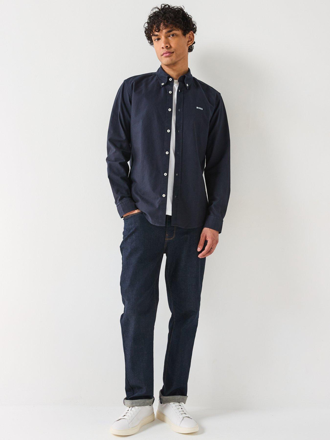  image of boss-roan-slim-fit-button-down-logo-oxford-shirt--navy