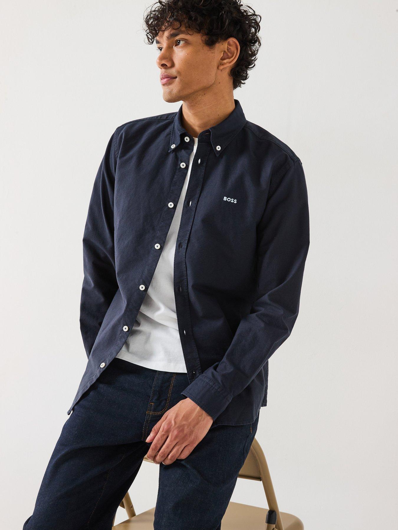  image of boss-roan-slim-fit-button-down-logo-oxford-shirt--navy
