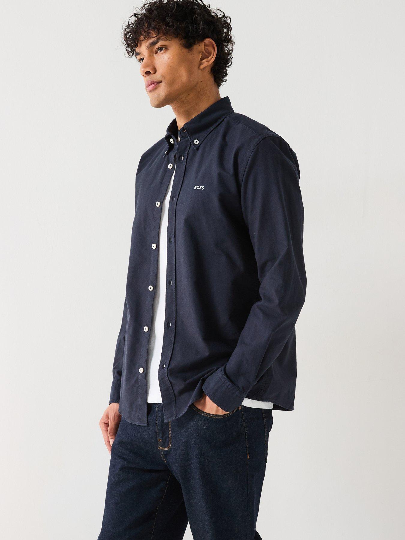  image of boss-roan-slim-fit-button-down-logo-oxford-shirt--navy