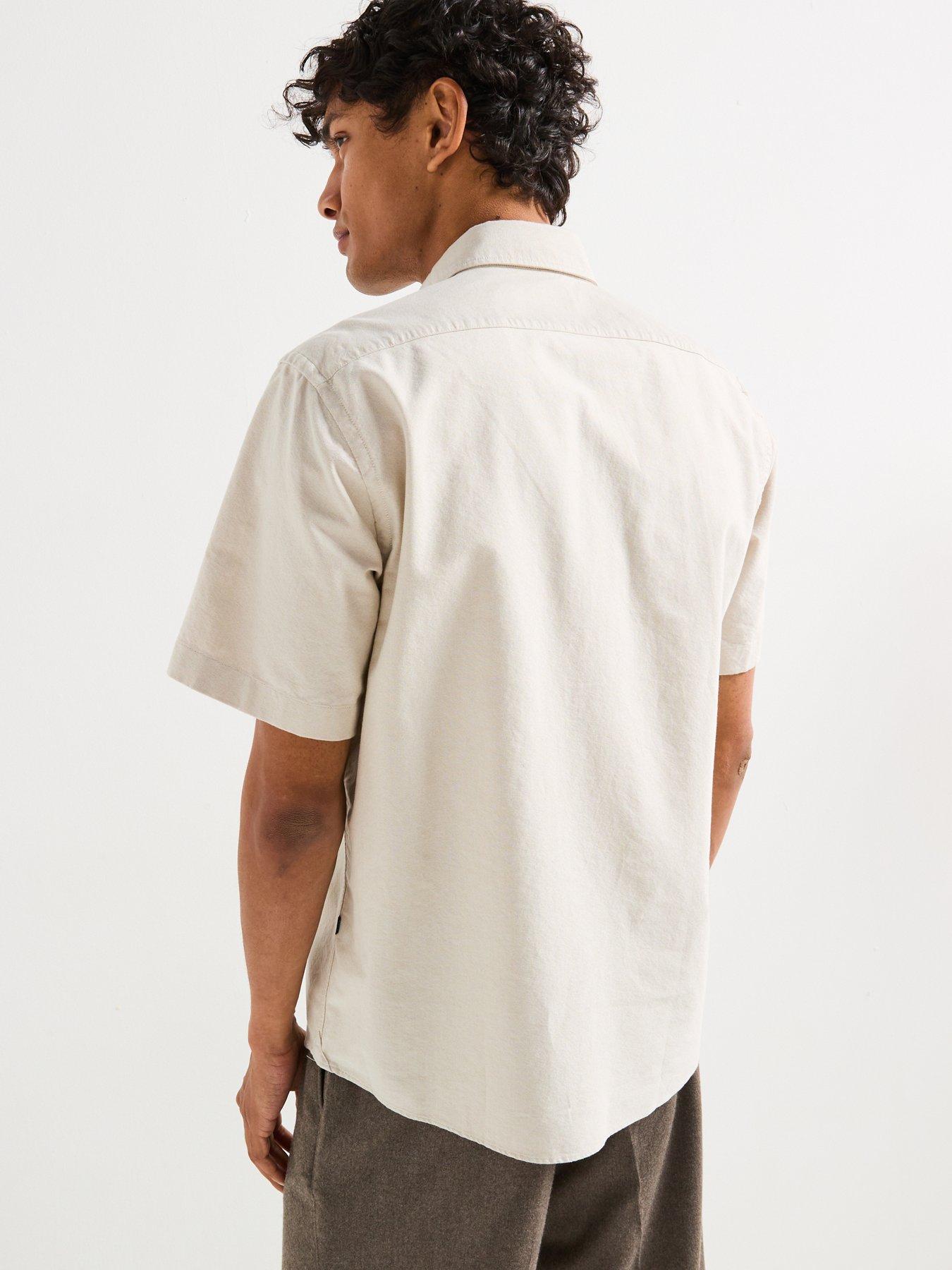  image of boss-h-liam-regular-fit-oxford-logo-short-sleeve-shirt-light-beige