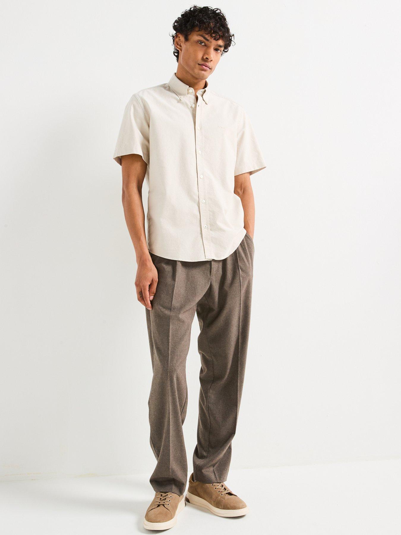  image of boss-h-liam-regular-fit-oxford-logo-short-sleeve-shirt-light-beige