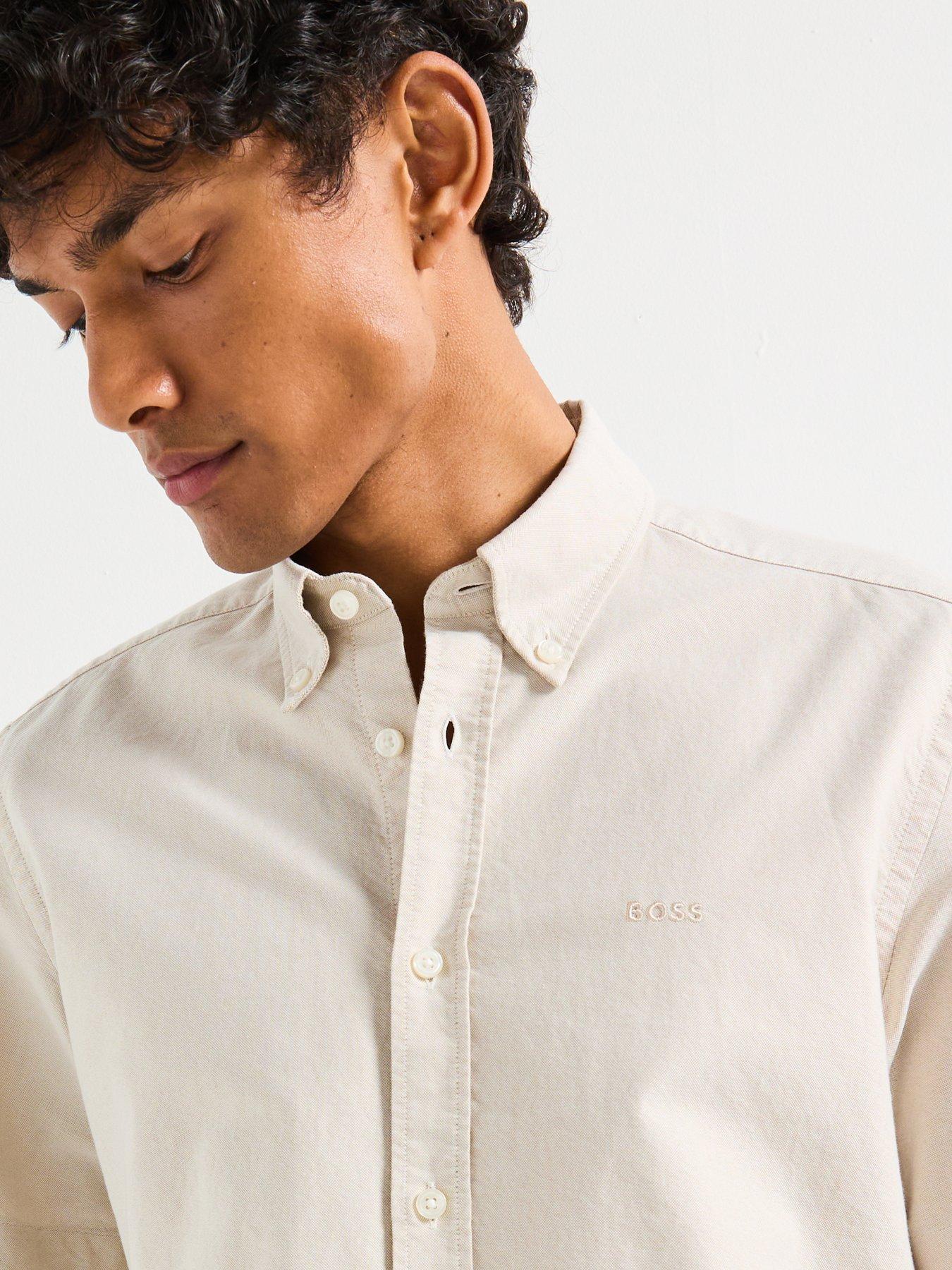  image of boss-h-liam-regular-fit-oxford-logo-short-sleeve-shirt-light-beige