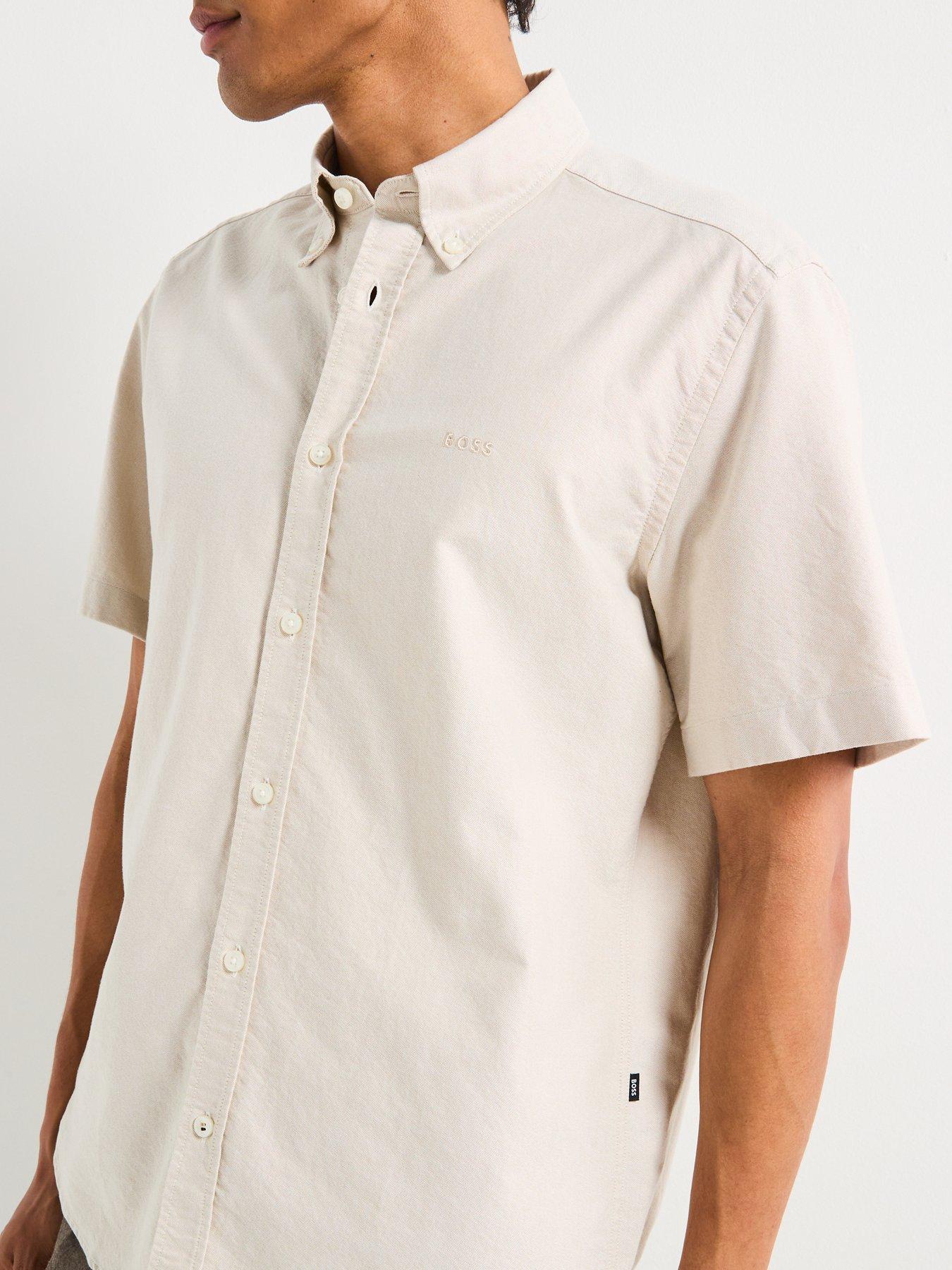  image of boss-h-liam-regular-fit-oxford-logo-short-sleeve-shirt-light-beige