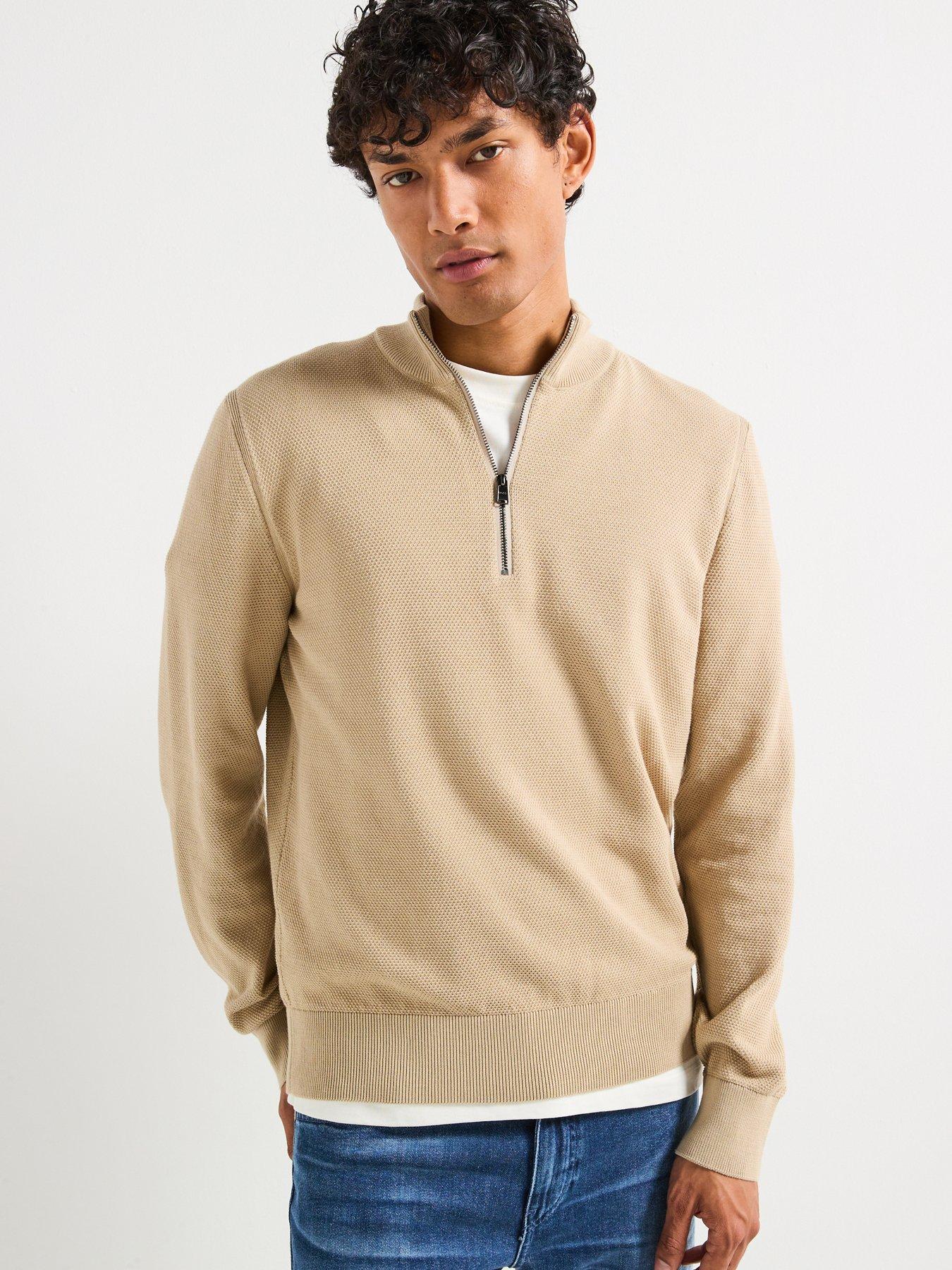 BOSS Ebrando-P Regular Fit Quarter Zip Knitted Jumper - Light Beige