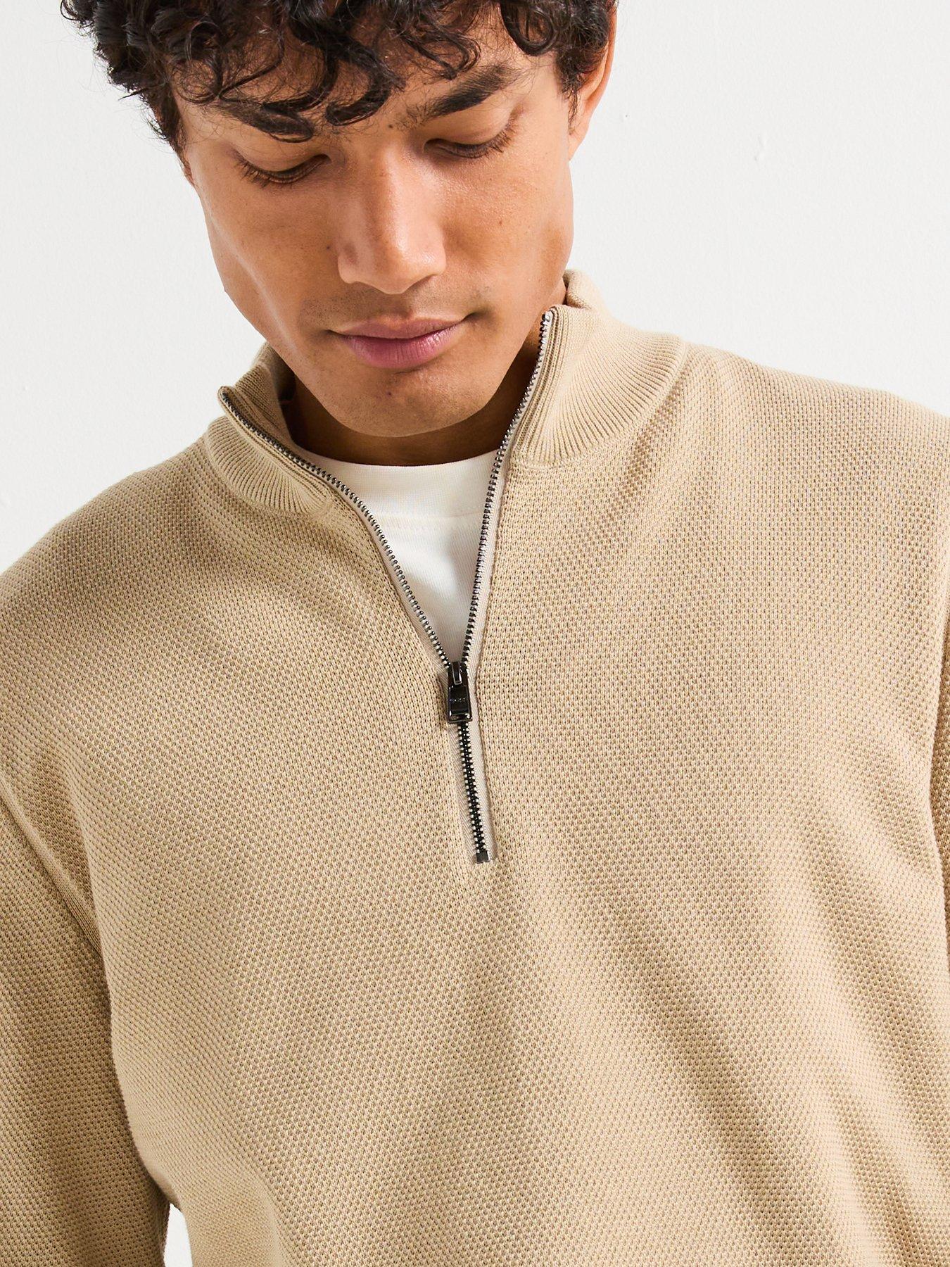  image of boss-ebrando-p-regular-fit-quarter-zip-knitted-jumper-light-beige