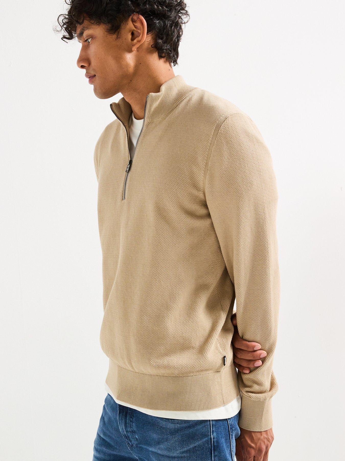  image of boss-ebrando-p-regular-fit-quarter-zip-knitted-jumper-light-beige