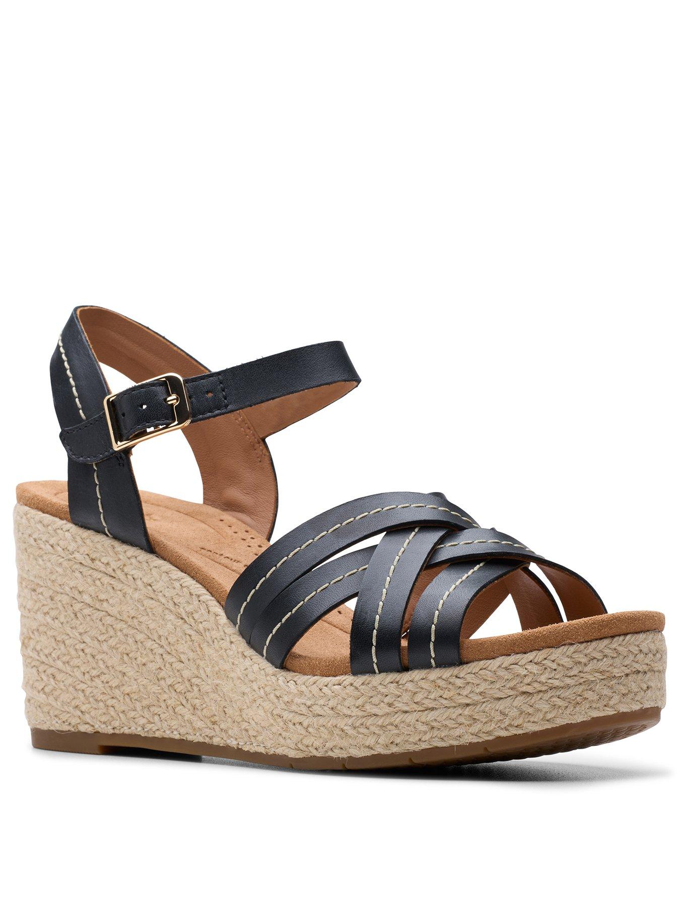 Clarks Wide Fit Sabina Strap Leather Wedges Black Littlewoods