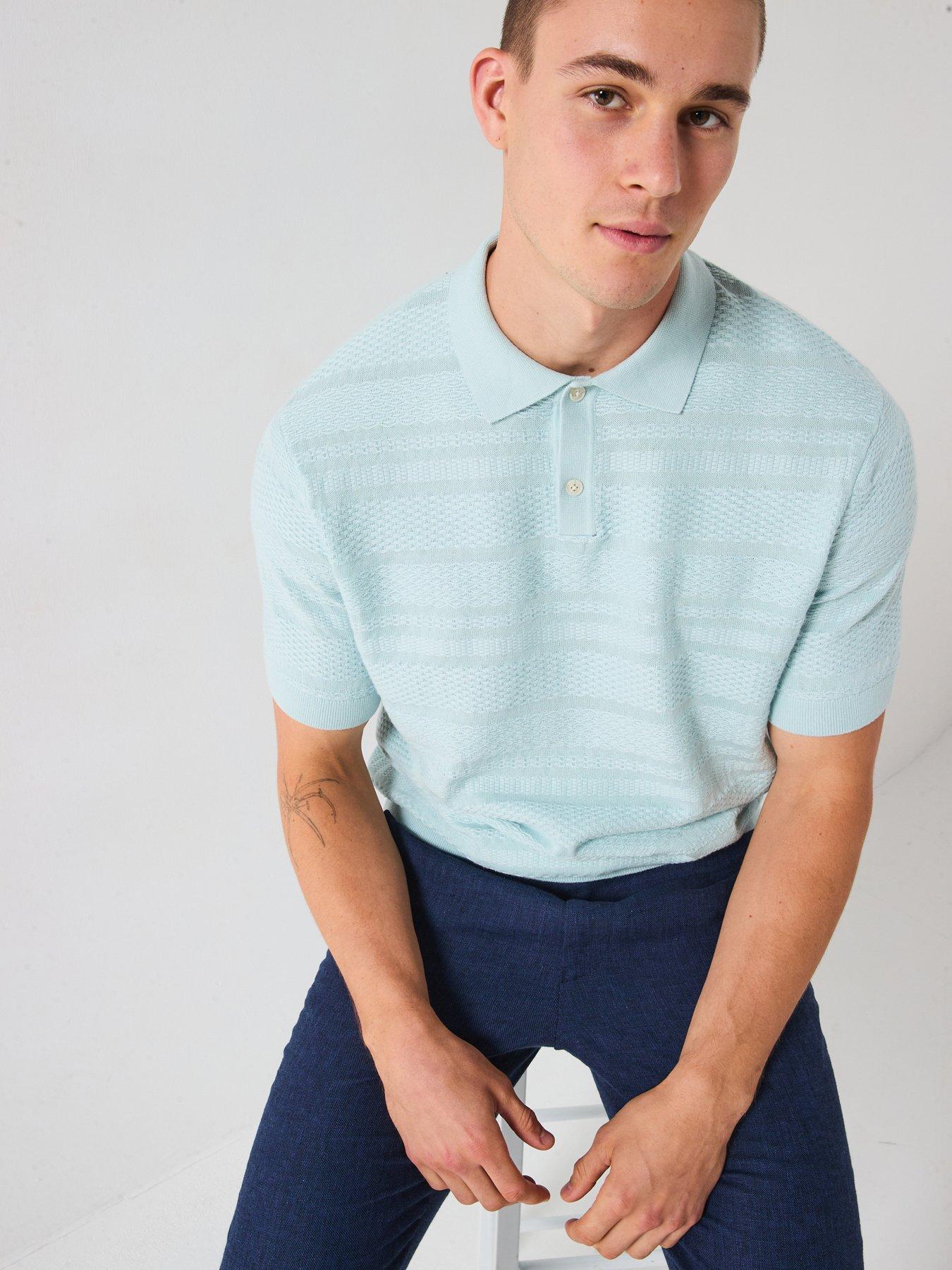 undefined Foam Short Sleeve Structured Knitted Polo Shirt - Light Blue