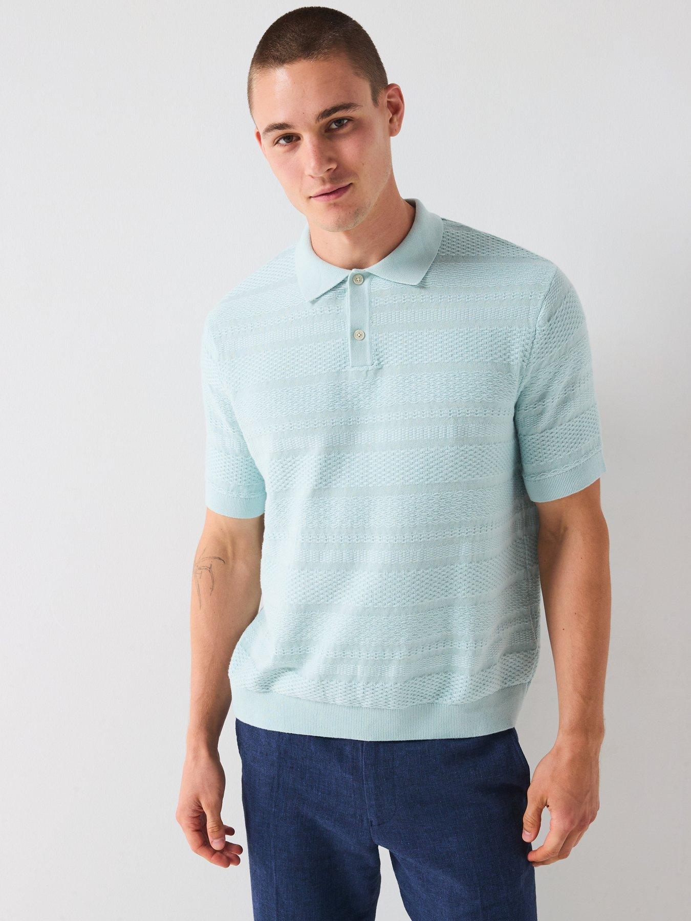 Image 5 of 6 of Selected Homme Foam Short Sleeve Structured Knitted Polo Shirt - Light Blue