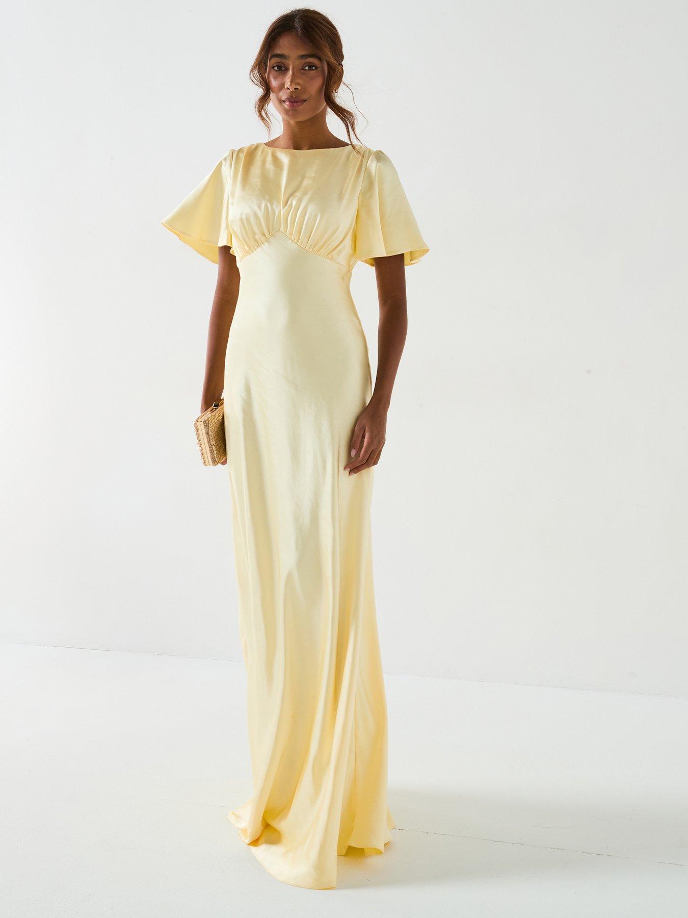 Six Stories Satin Flutter Sleeve Bias Cut Bridesmaid Dress Lemon