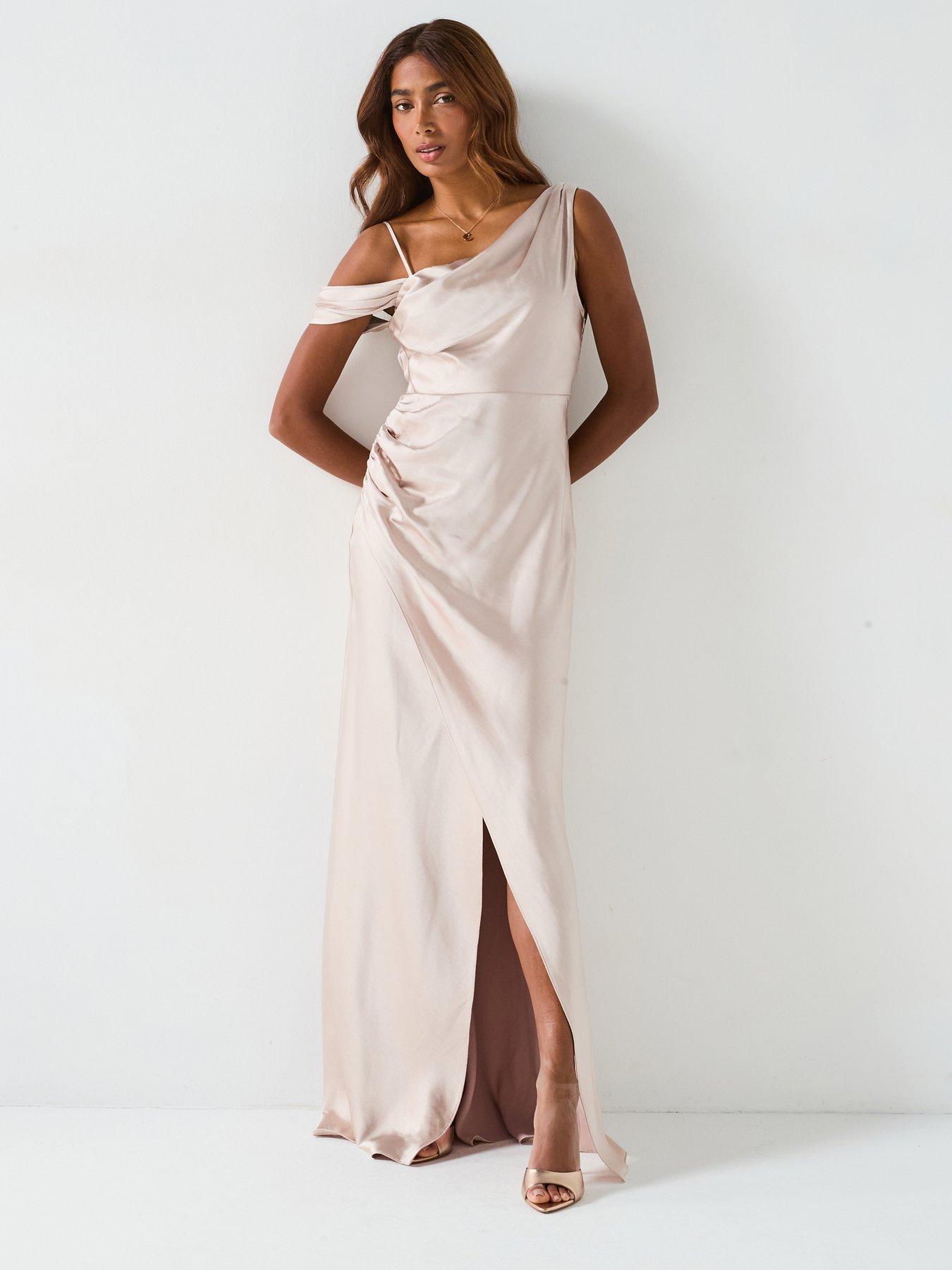 Six Stories Asymmetrical Bardot Strap Satin Bridesmaid Dress - Cream
