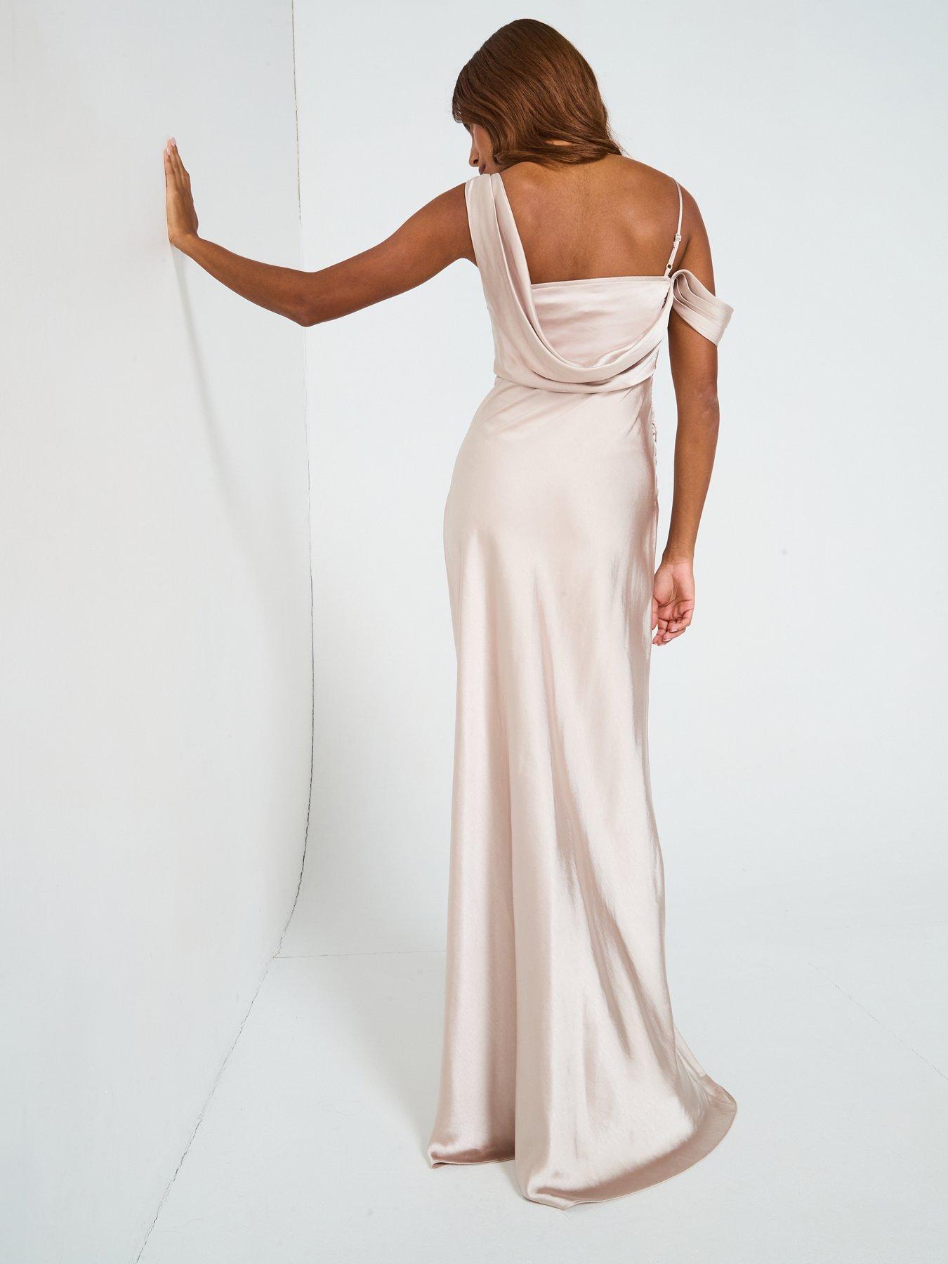 white christmas dresses Asymmetrical Cowl Neck Ivory Satin Bridesmaid Dress – FancyVestido main image 1