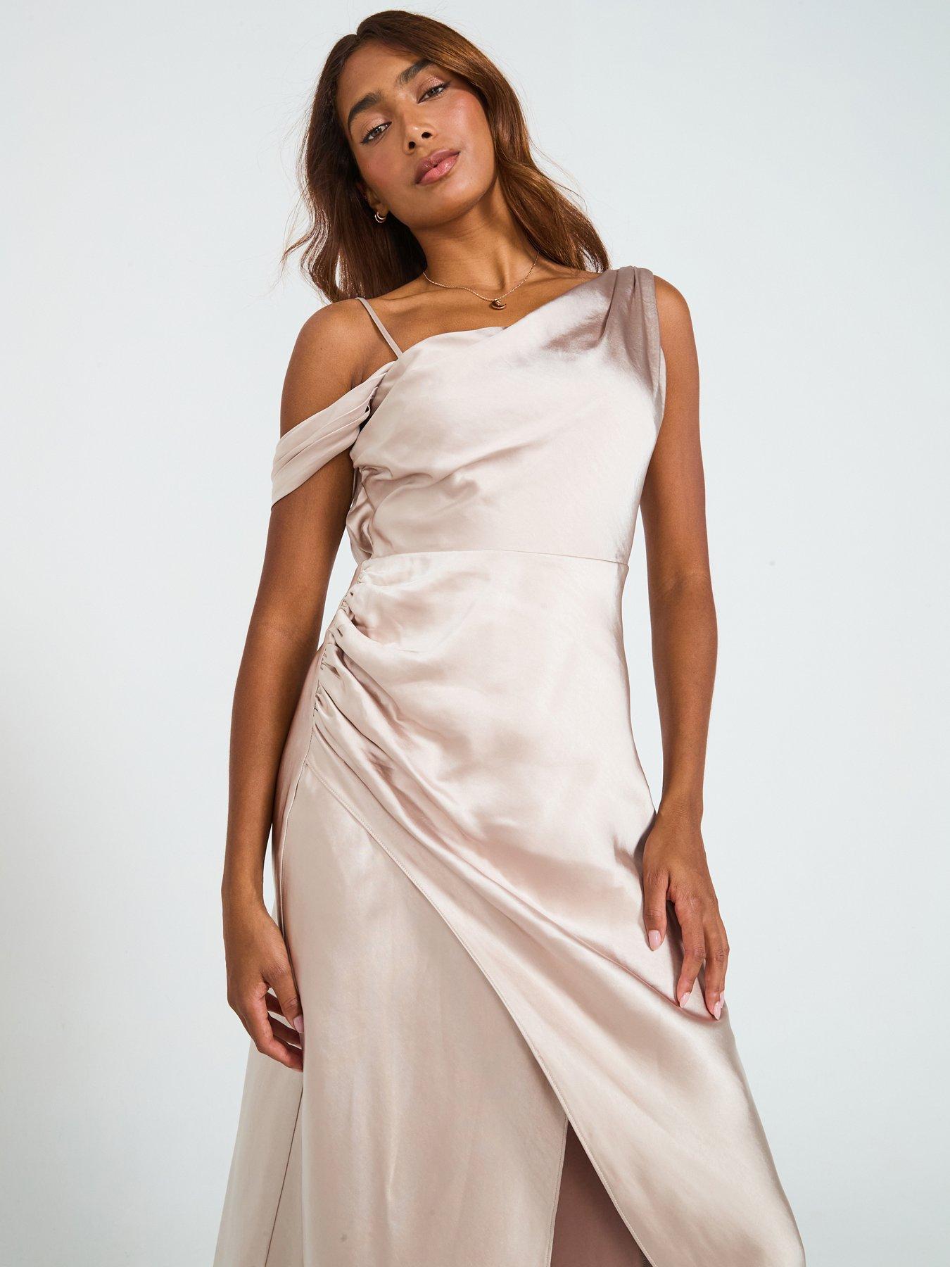 Six Stories Asymmetrical Bardot Strap Satin Bridesmaid Dress - Cream |  Littlewoods