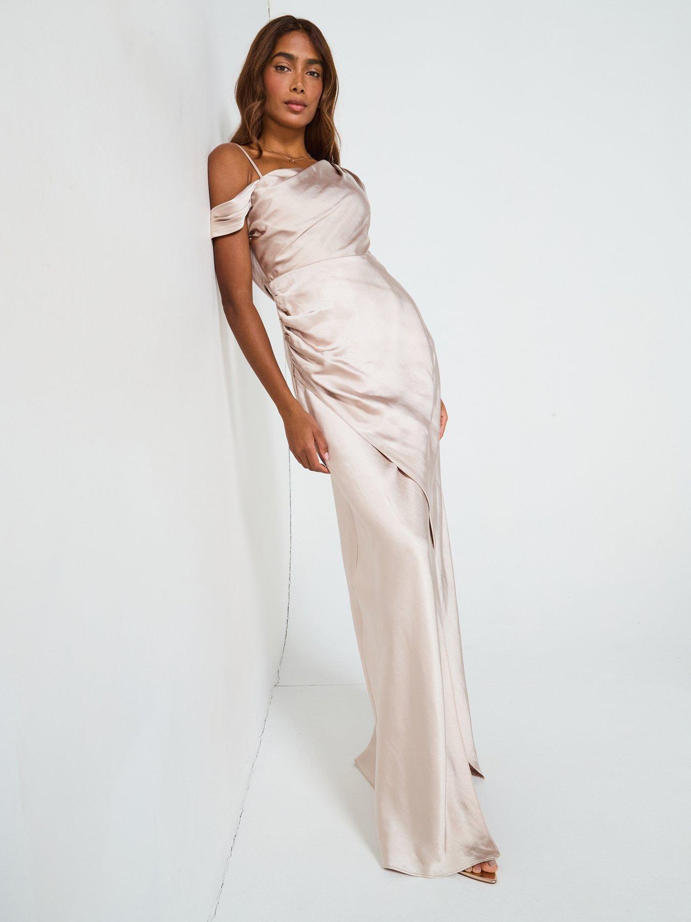 Six Stories Asymmetrical Bardot Strap Satin Bridesmaid Dress - Cream |  Littlewoods